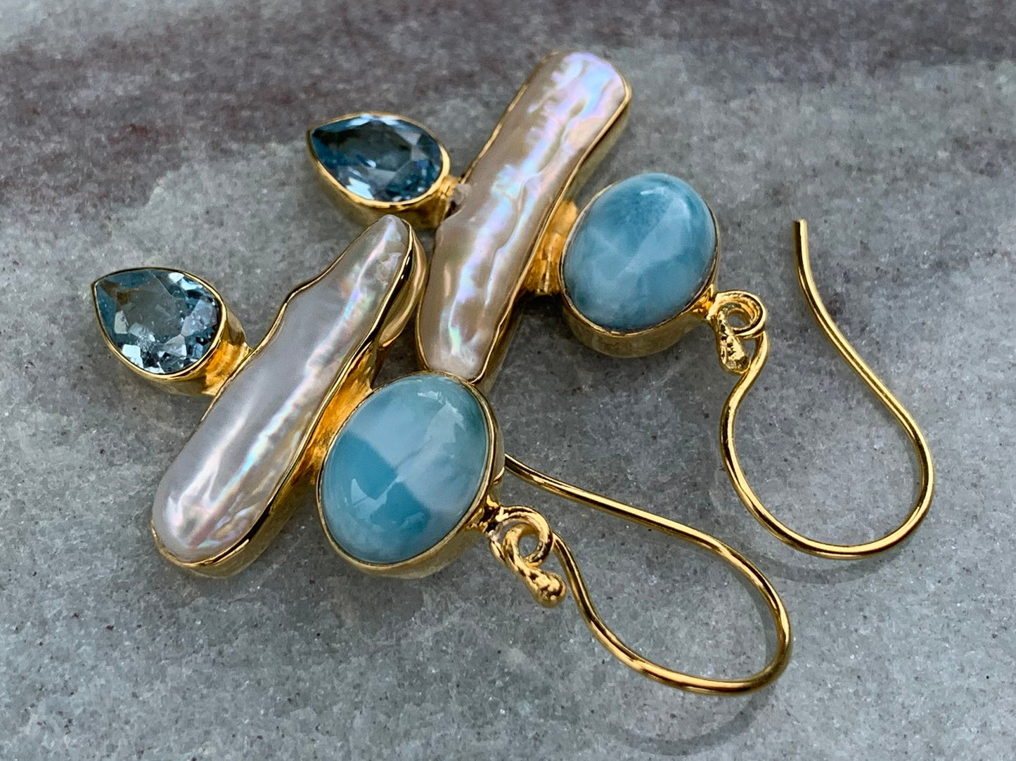 Larimar, Pearl, Blue Topaz 18k Gold Vermeil Earrings.