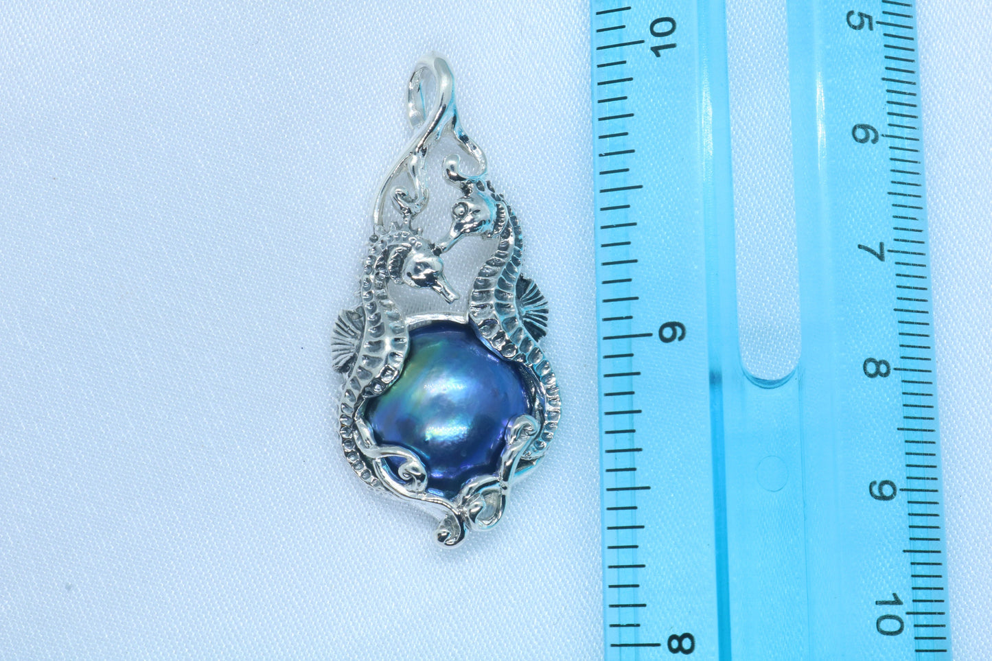 Seahorse Blue Mabe Pearl Silver Pendant Necklace