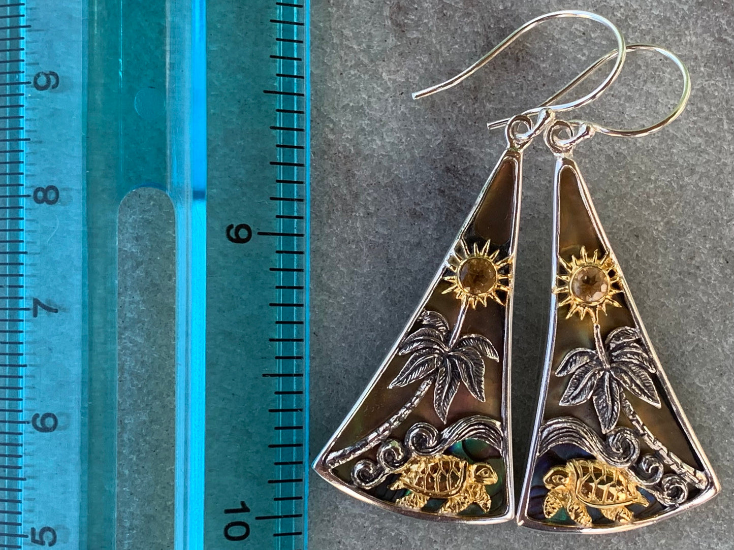 Turtle Sun Wave Palm Tree Citrine Abalone Shell Gold Silver Earrings