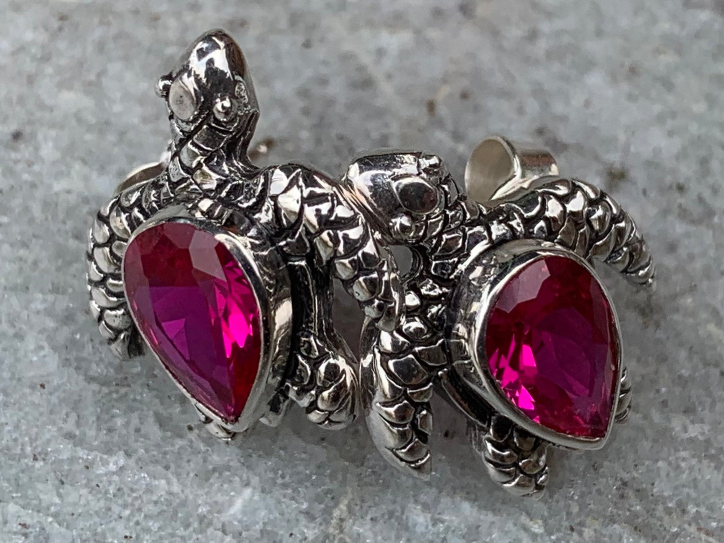Ruby turtle earrings studs. Sterling silver.