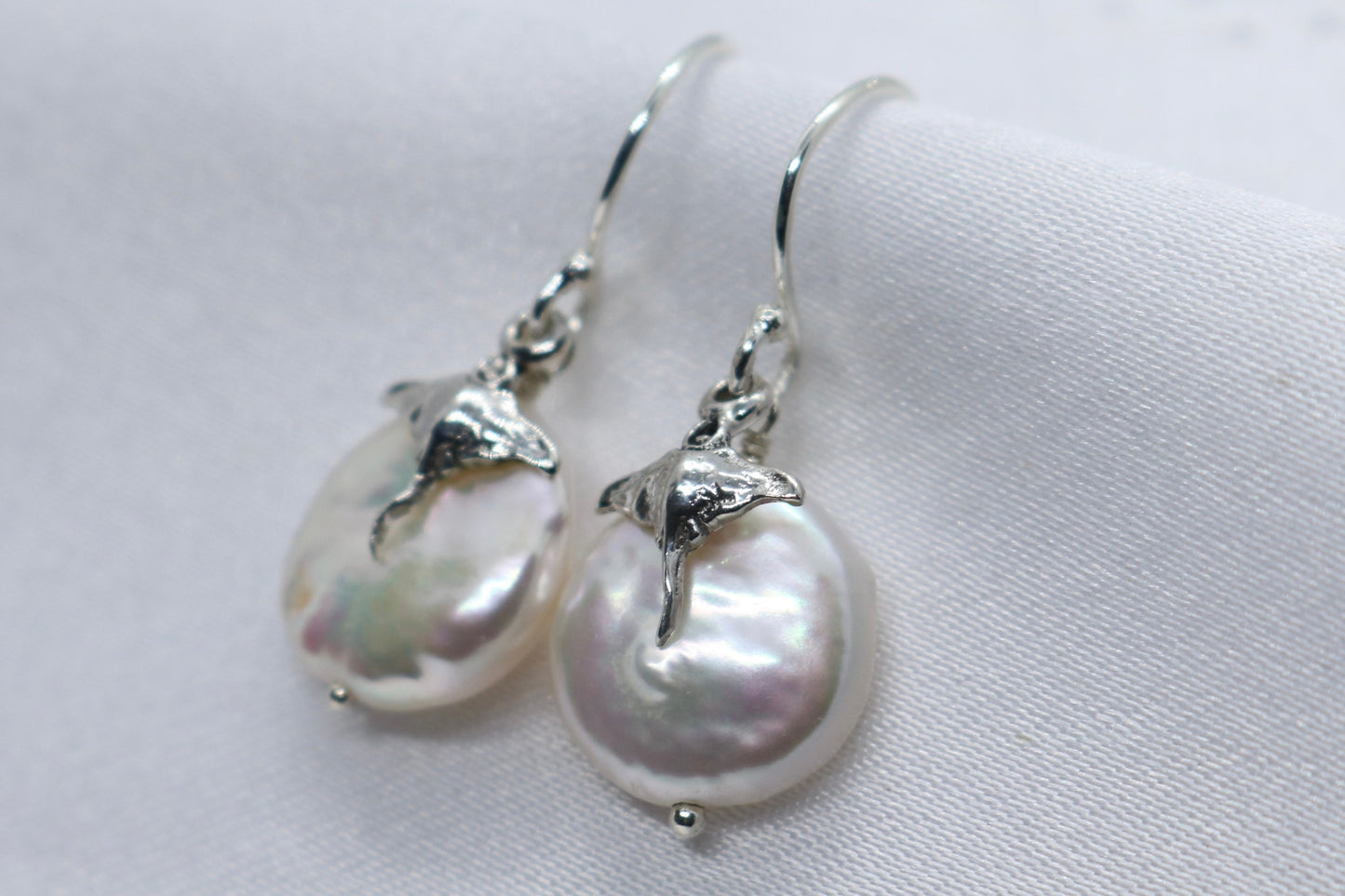 Manta Ray Pearl Silver charm coin earrings