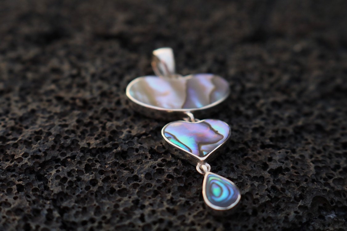 Teardrop Heart Necklace Pendant. Sterling Silver, Abalone Shell.