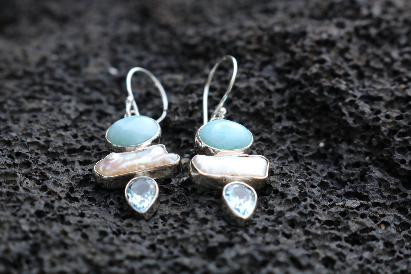 Larimar Pearl Blue Topaz Earrings. Sterling Silver.