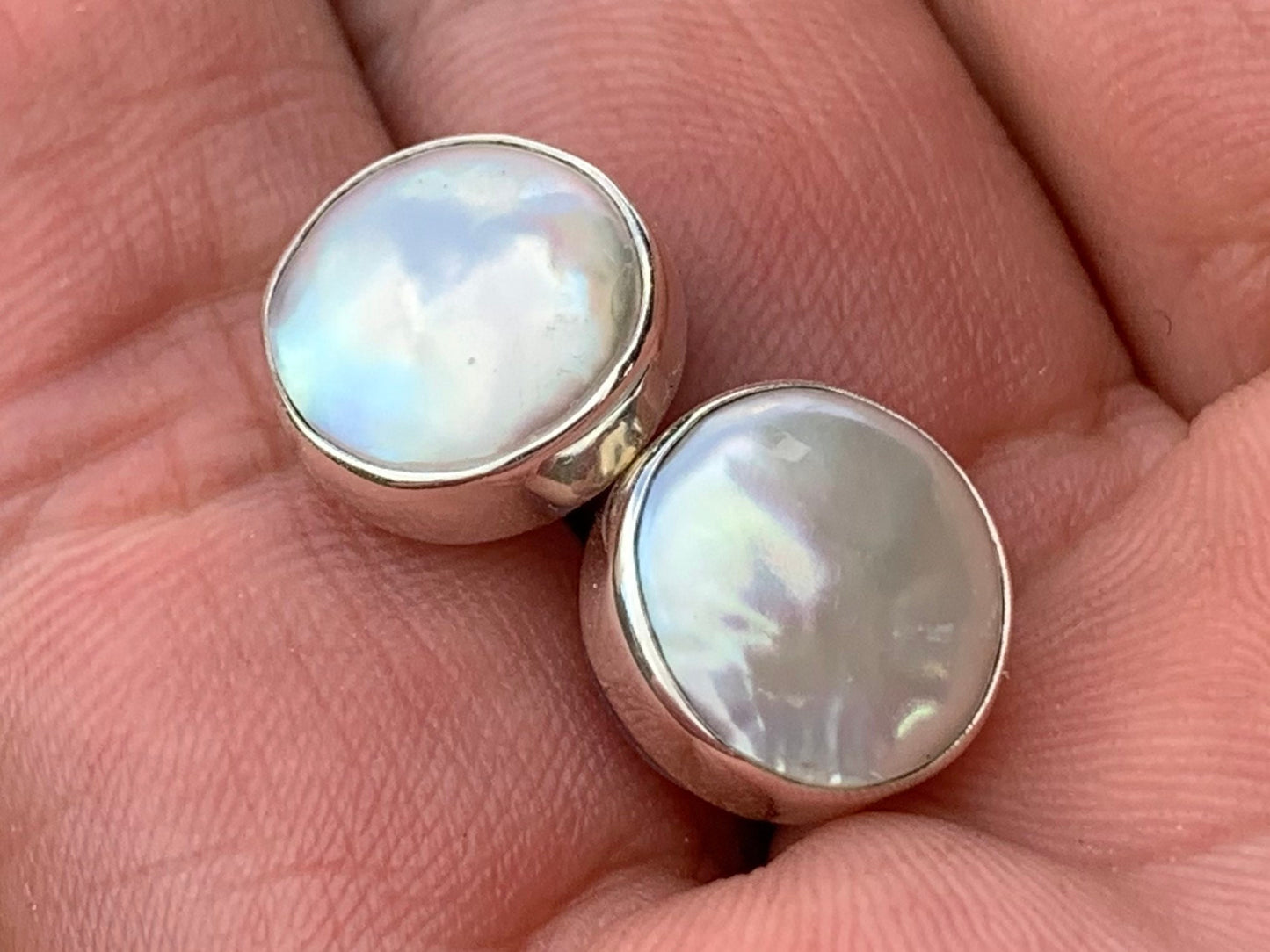 Coin Pearl Earrings Stud. Sterling Silver.