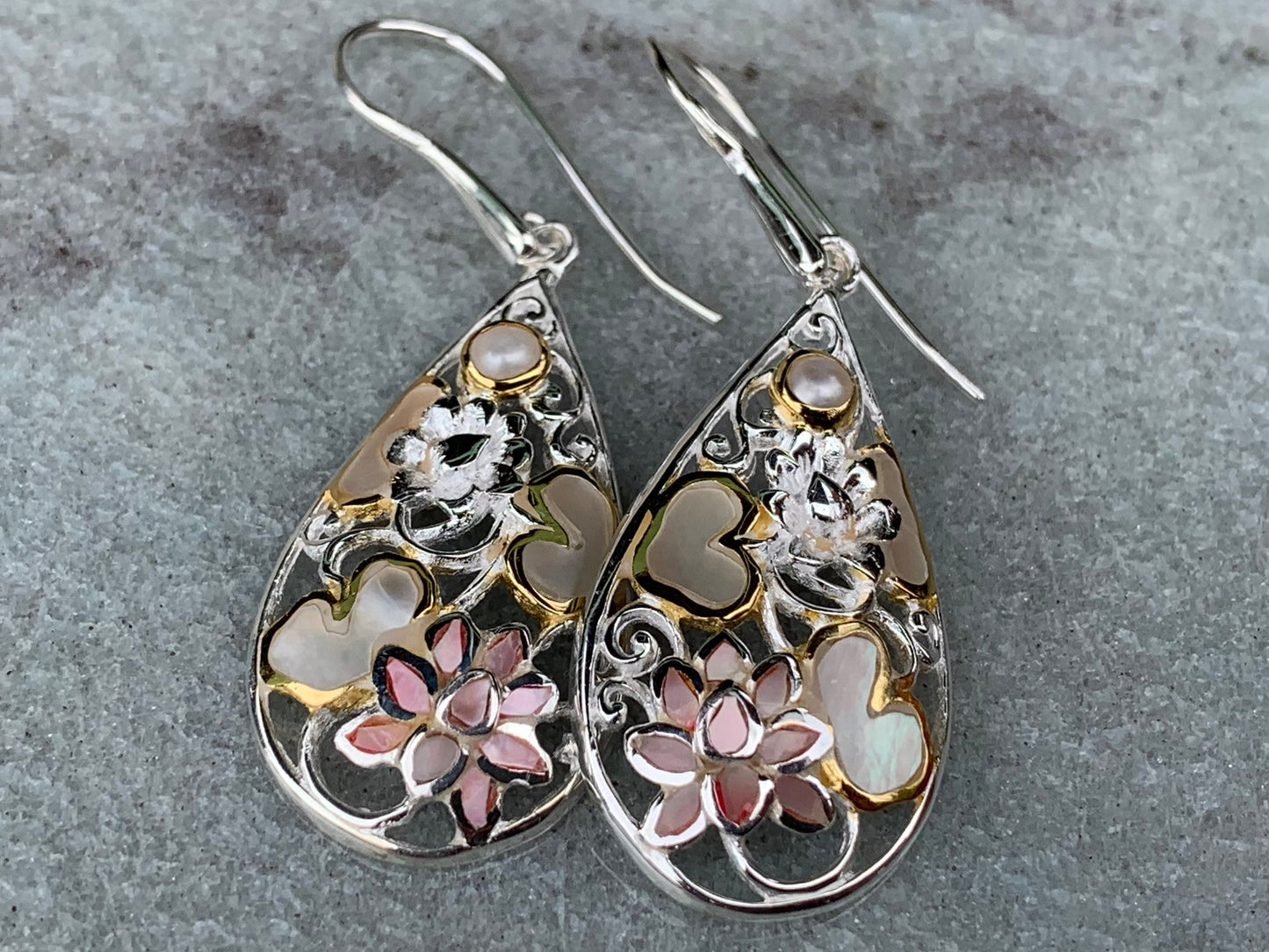 Pink Lotus Flower Teardrop Shell Earrings