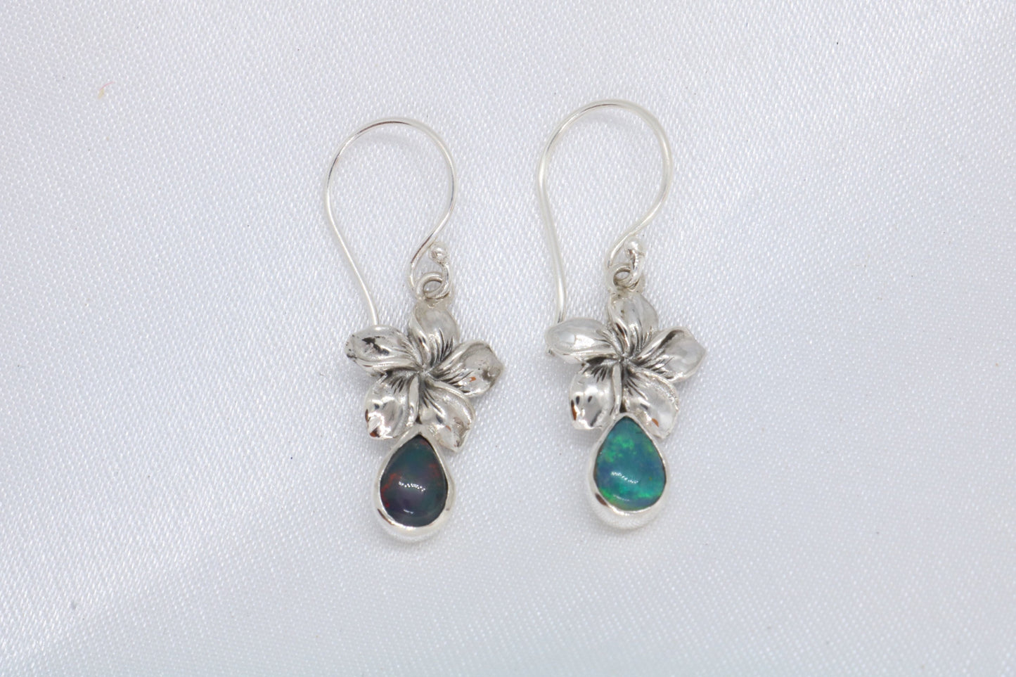 Opal Plumeria Flowers Silver Earrings
