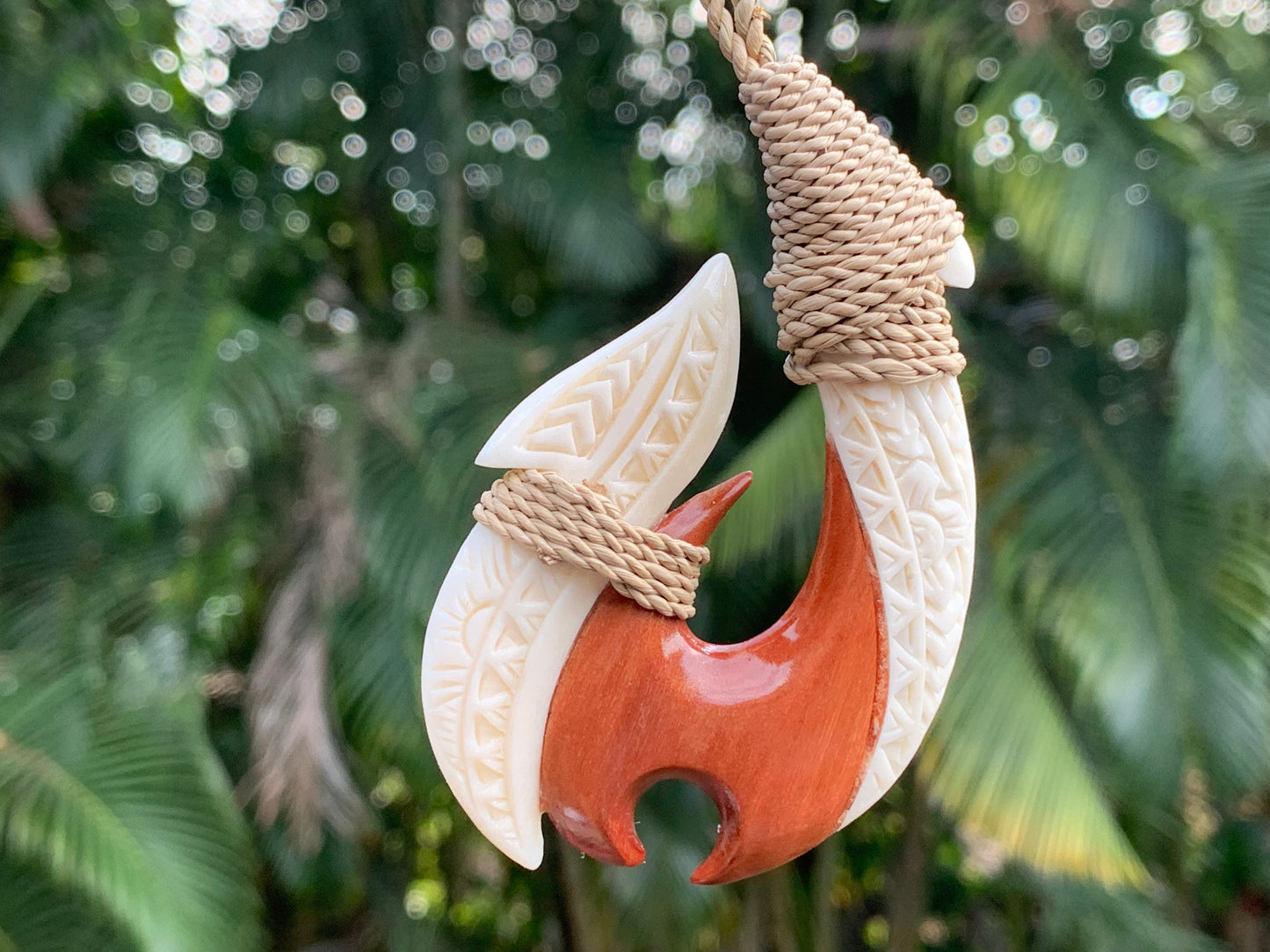 Hawaiian Maui Makau Traditional Native Fish Hook Necklace Pendant. Wood and bone carved.