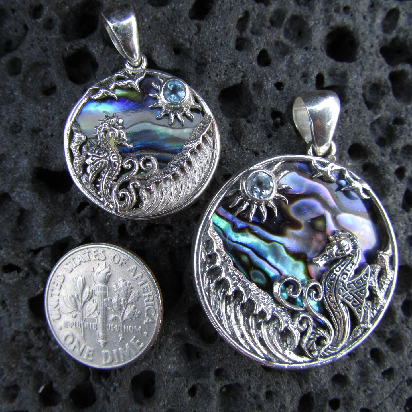 Seahorse Wave Necklace Pendant | Blue Topaz | Paua Abalone Shell | Sterling Silver | From Hawaii | Unique | Handmade