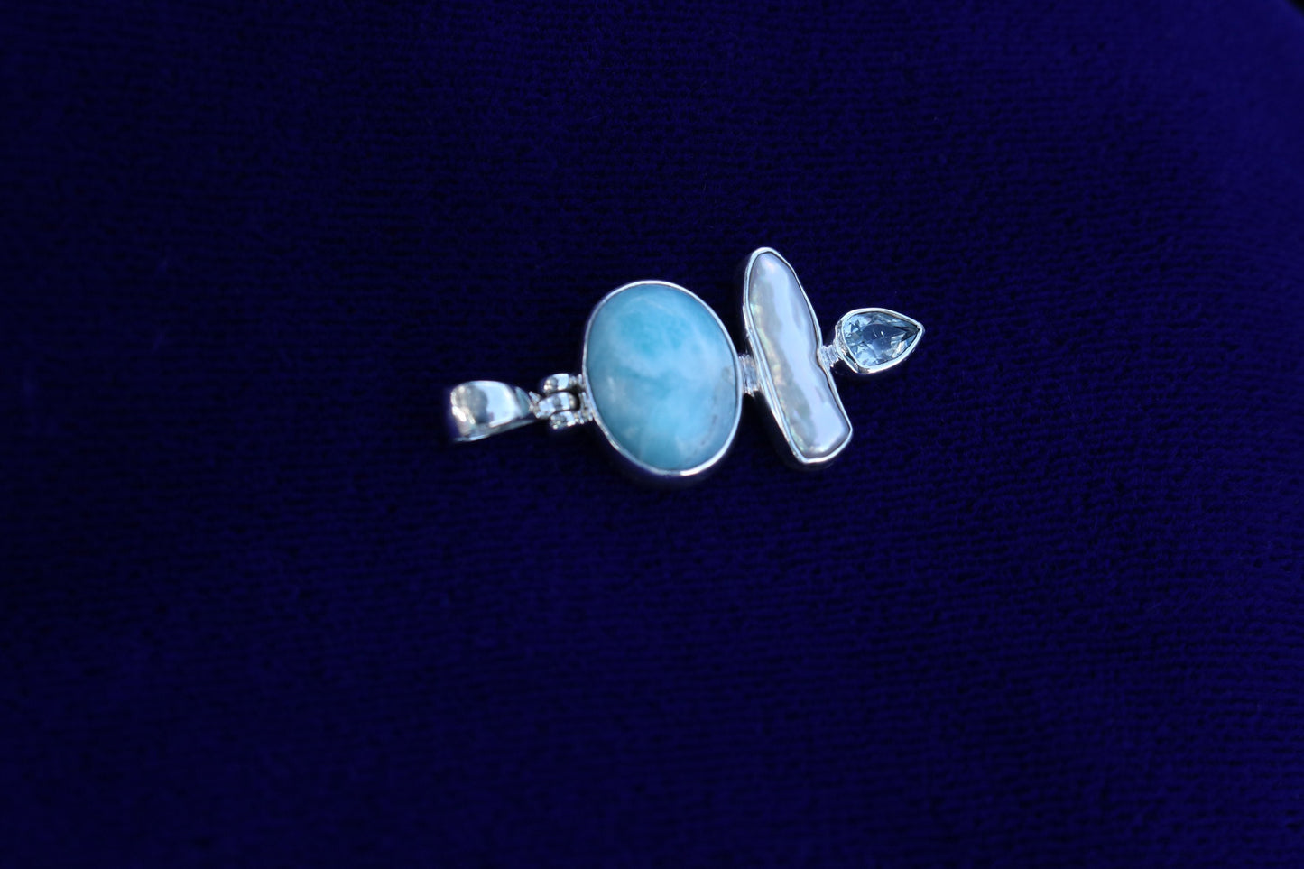 Larimar, Pearl and Blue Topaz Triple Pendant Necklace. Sterling Silver.