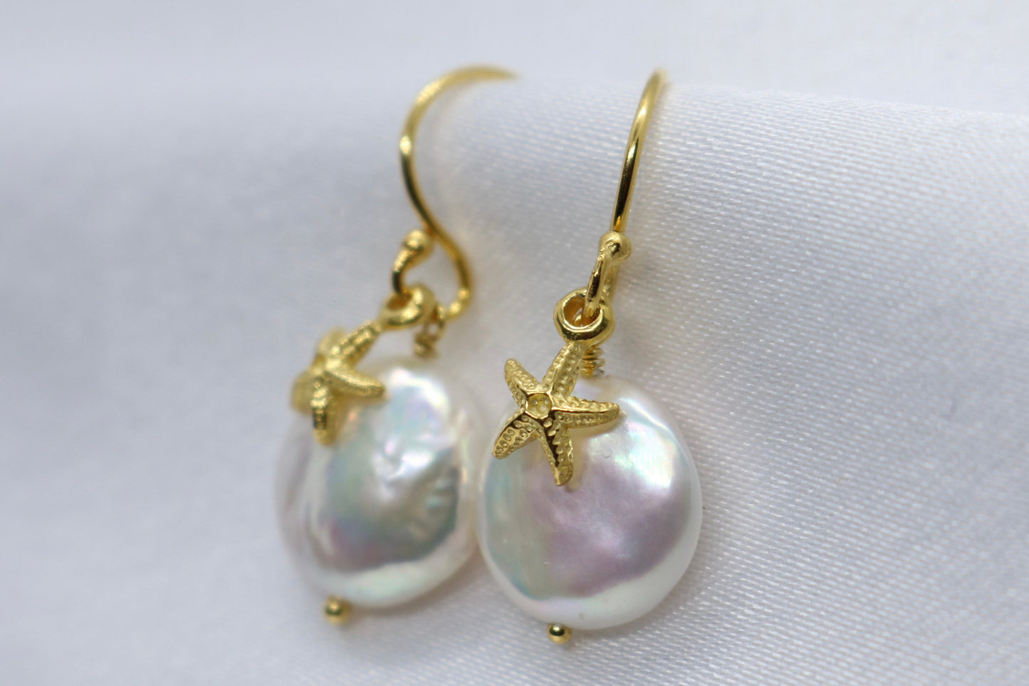 Starfish Pearl Charm Coin 18k Vermeil Gold Earrings