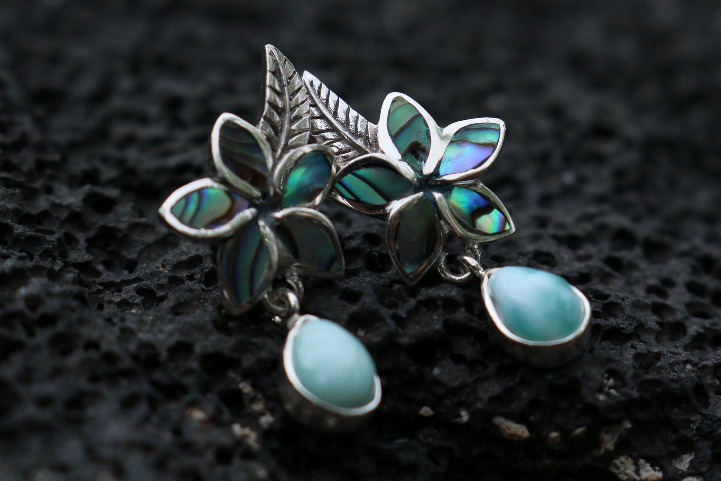 Plumeria Flower Larimar Abalone Shell Stud Earrings. Sterling Silver.
