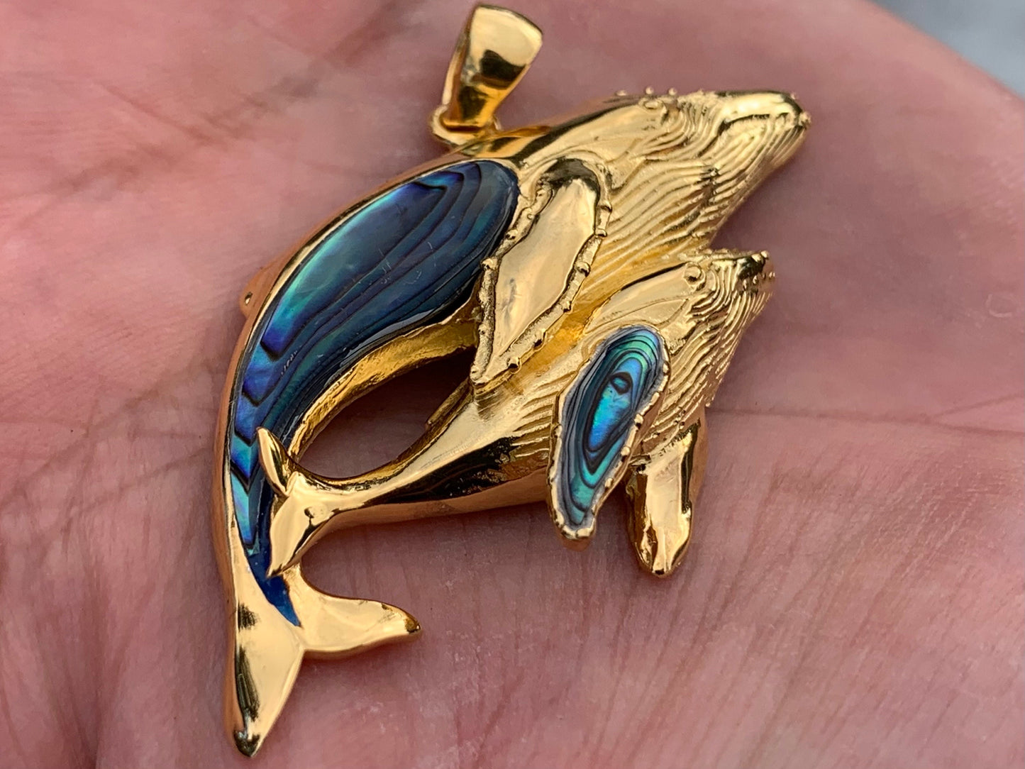 Mother and Baby Humpback Whale Necklace Pendant. 18k Gold Vermeil, Abalone Paua Shell.
