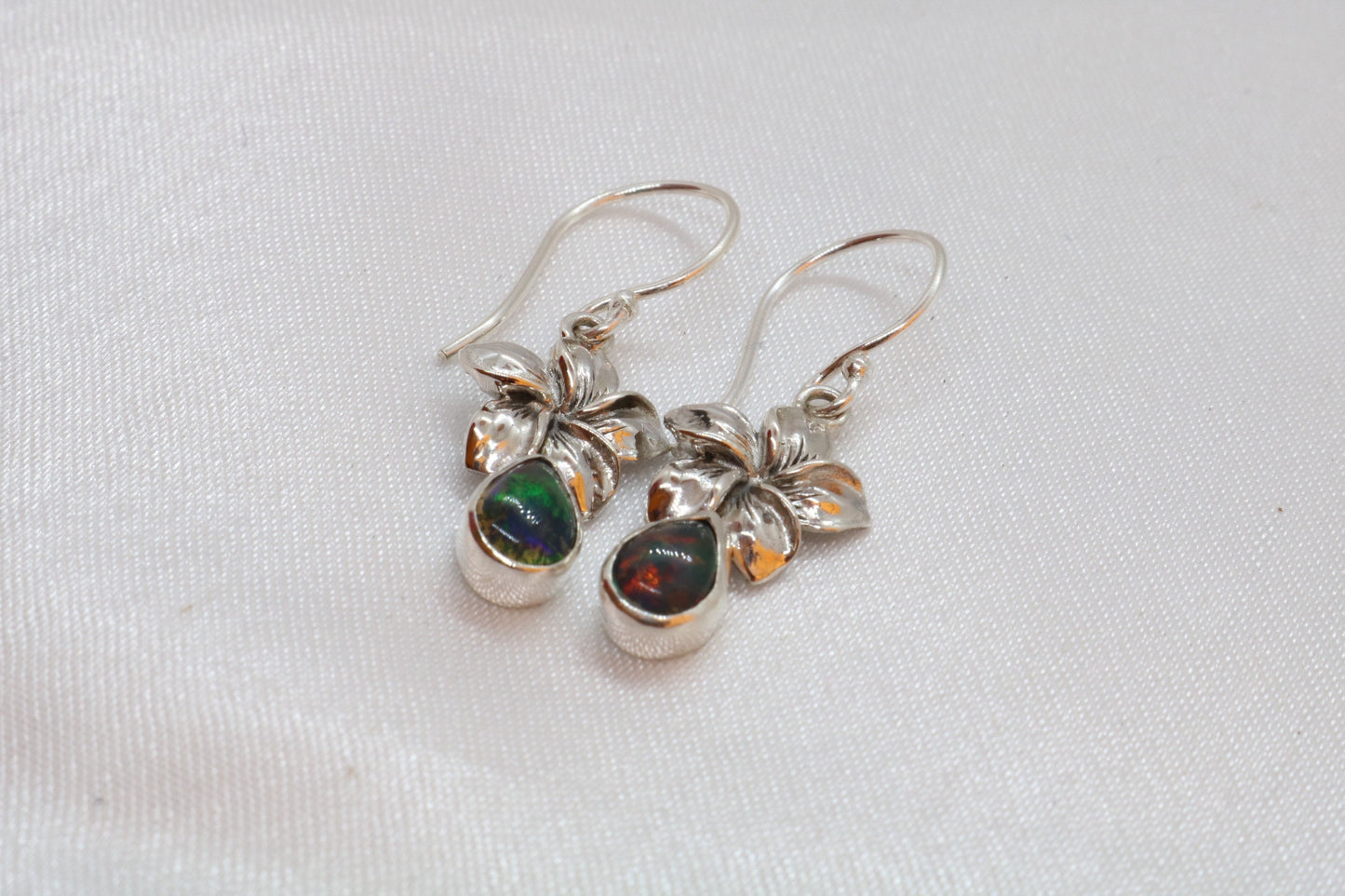 Opal Plumeria Flowers Silver Earrings