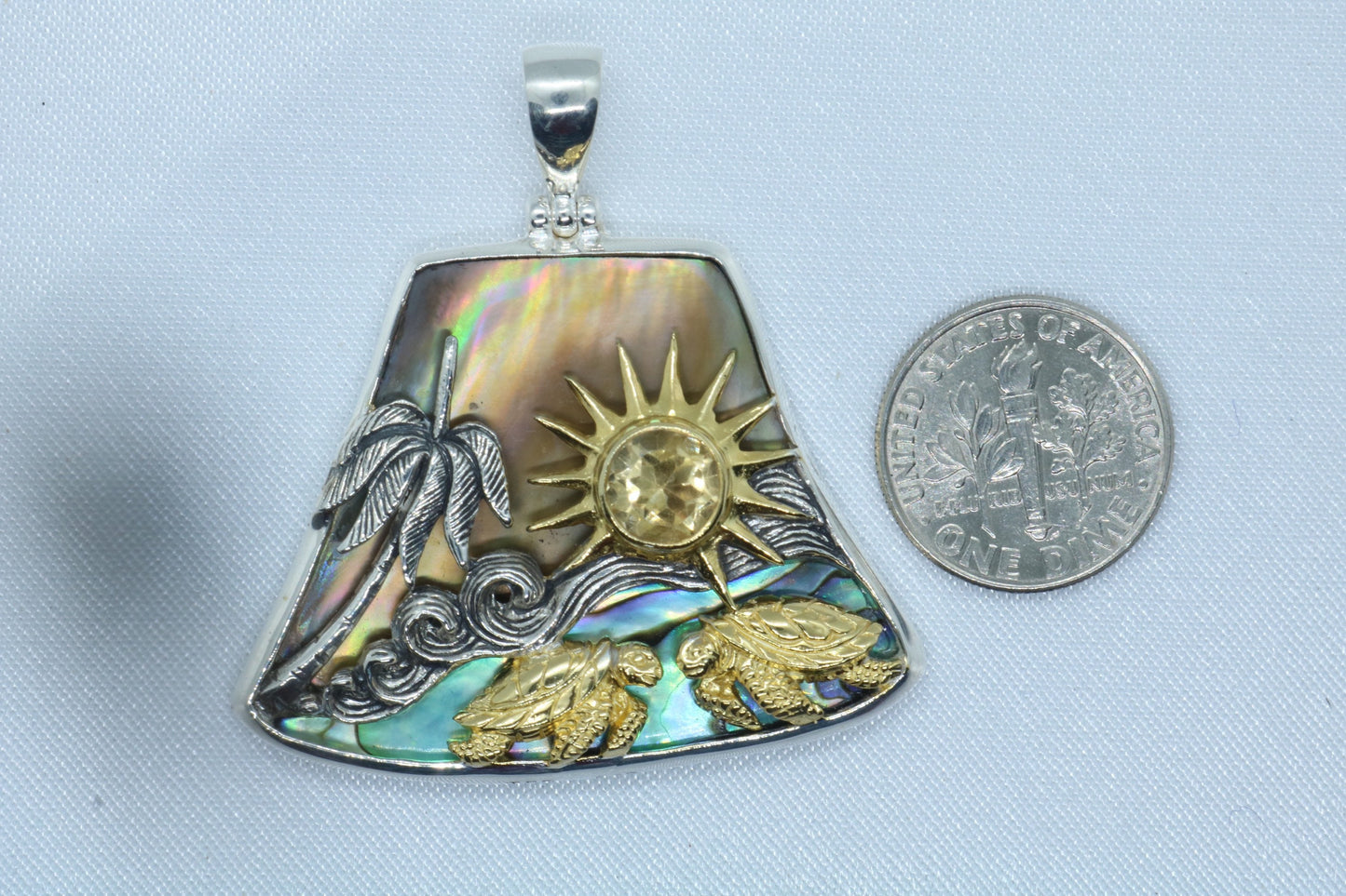 Sun Wave Beach Palm Tree Turtle Play Necklace Pendant. Silver, Gold, Abalone Shell, Citrine.