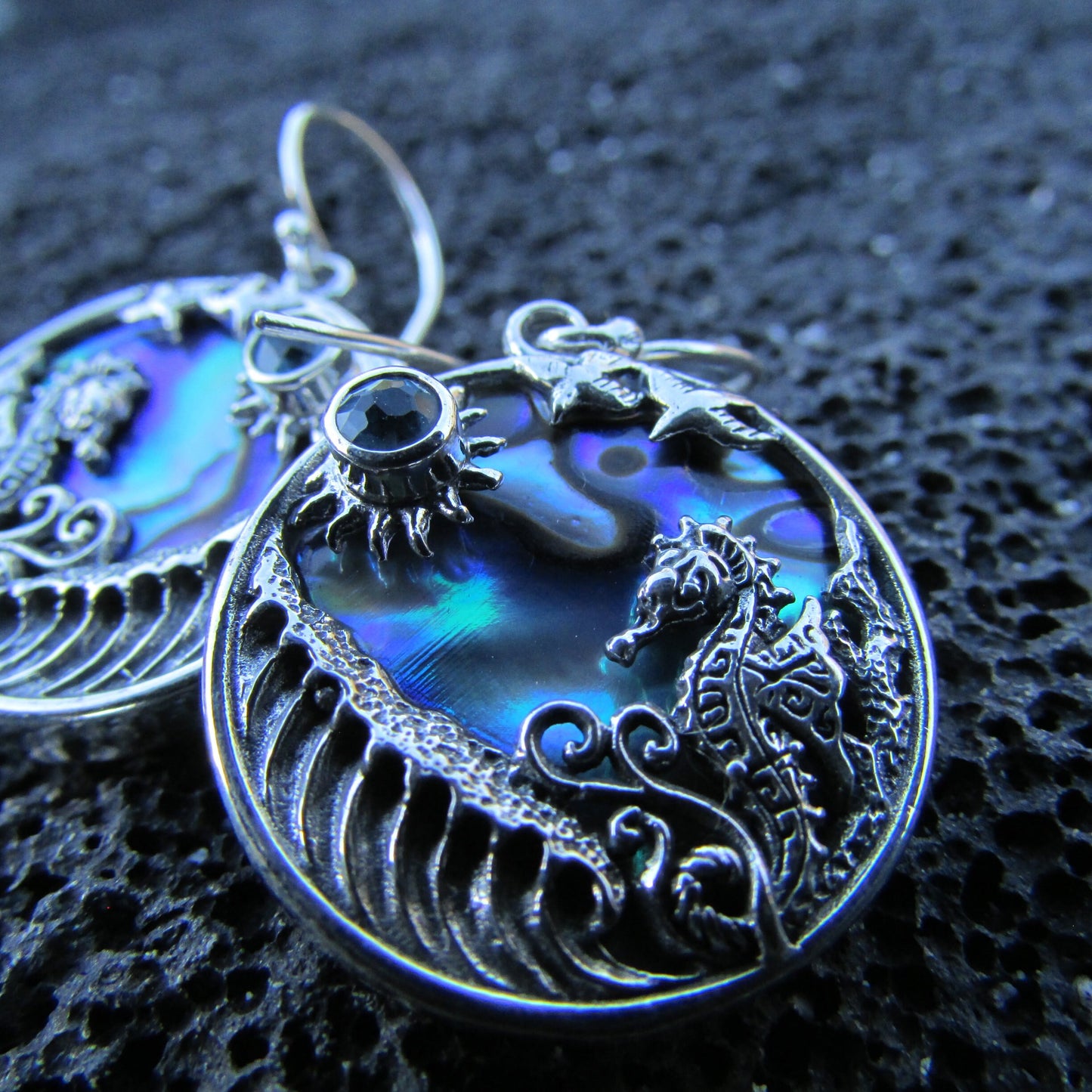 Seahorse Wave Earrings | Blue Topaz | Paua Shell | Sterling Silver | Ocean | Beach | Gift | Jewelry | Handmade | Unique