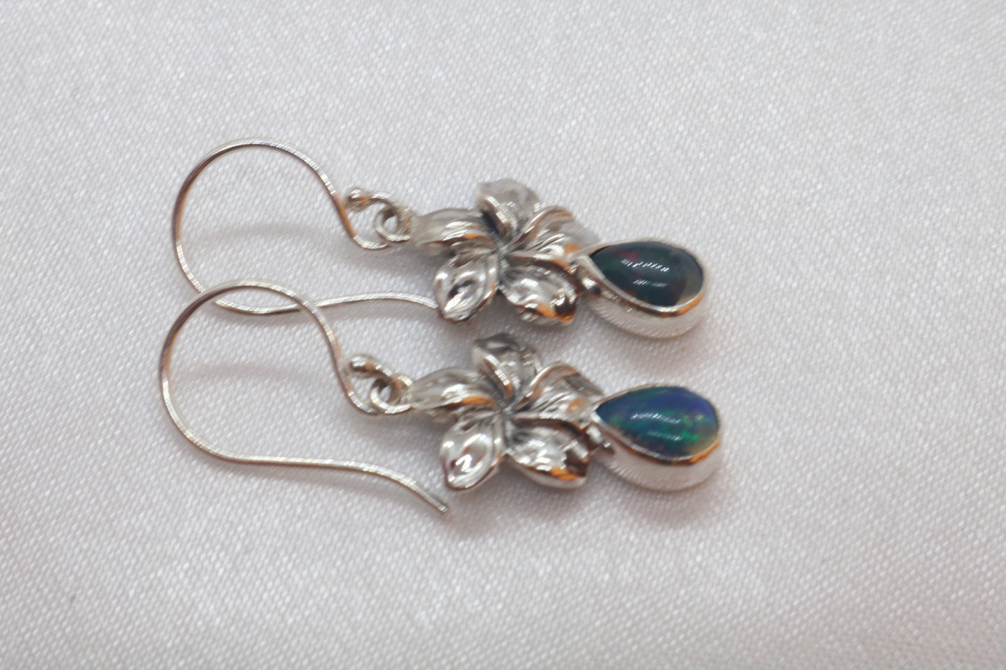 Opal Plumeria Flowers Silver Earrings