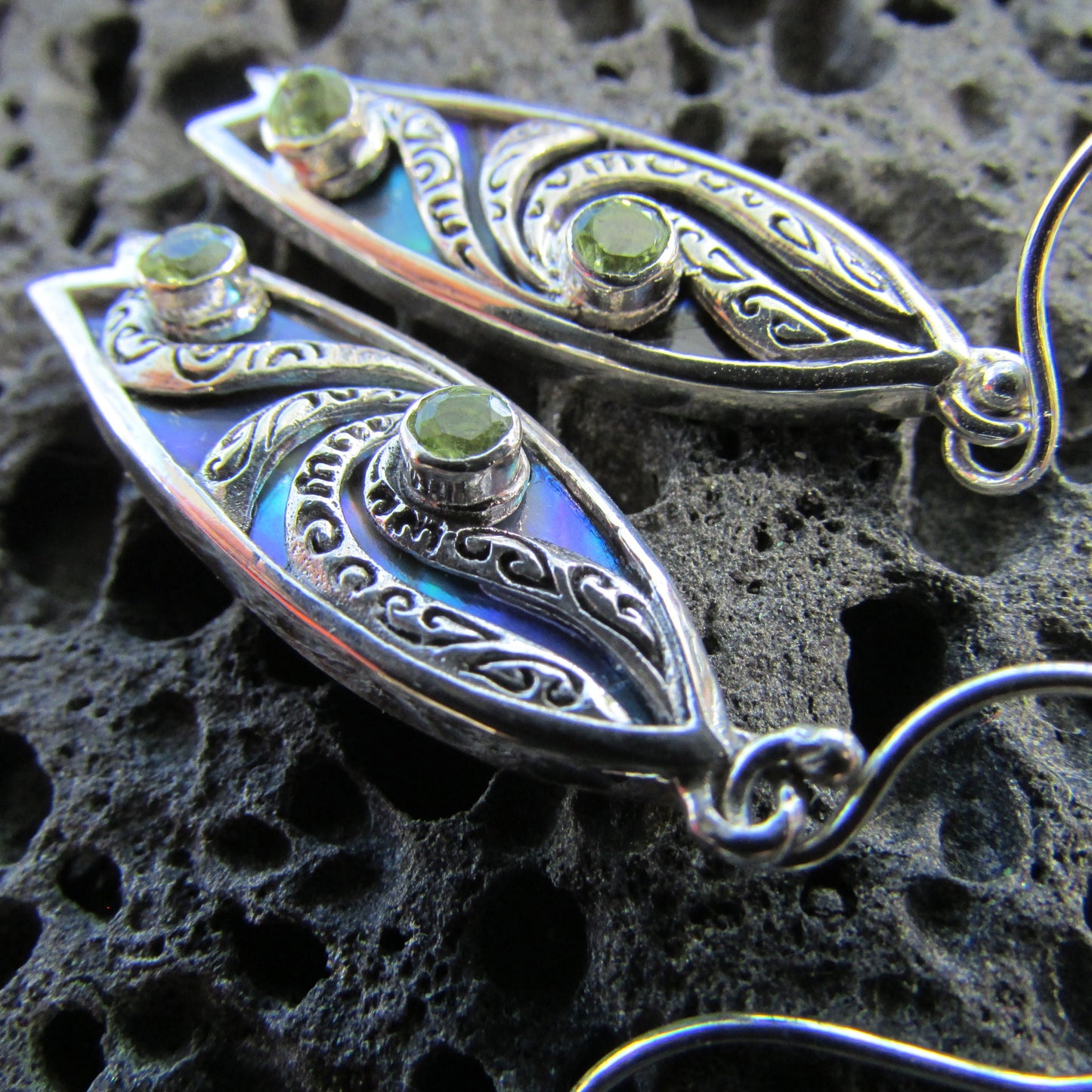 Surfboard Earrings with Polynesian Tattoo Design. Peridot. Abalone Paua Shell. Sterling Silver.