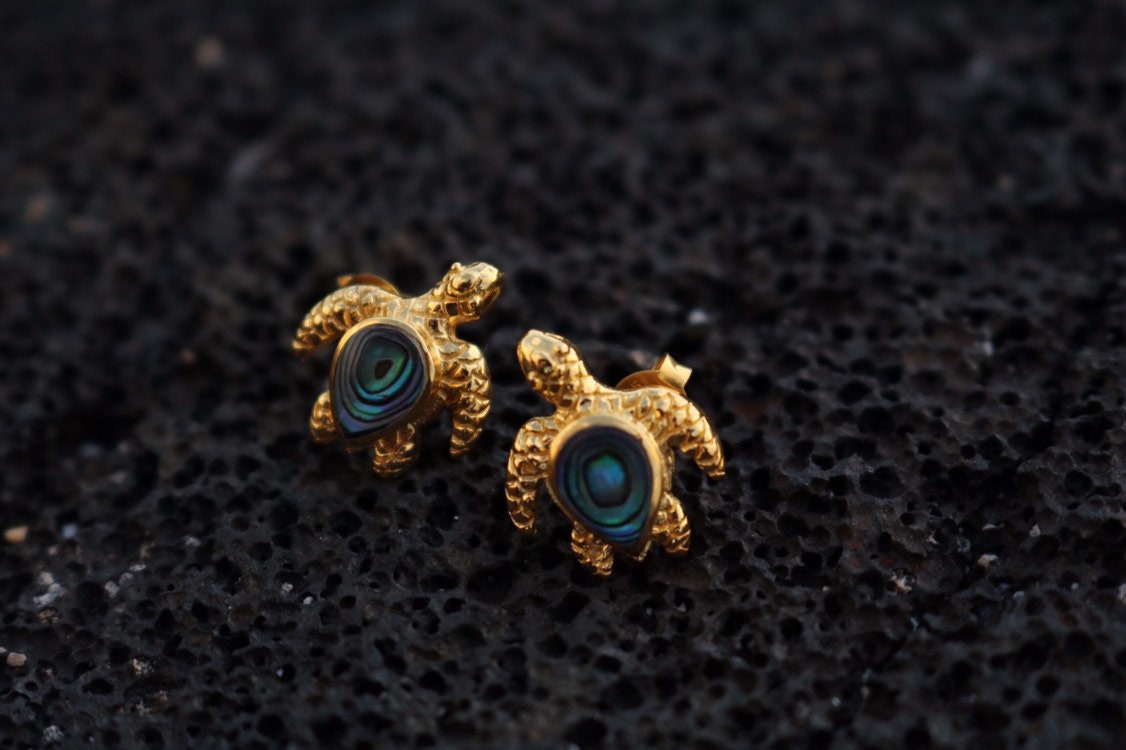 18K Vermeil Turtle Earrings Studs. Abalone Shell.