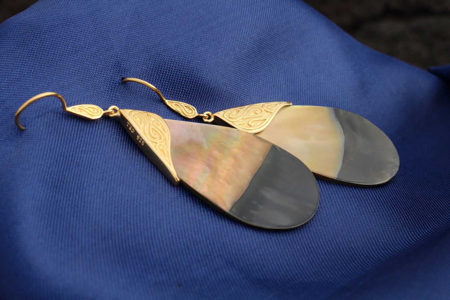 18k Gold Teardrop Black Oyster Shell Earrings Tribal Design. Sterling Silver.