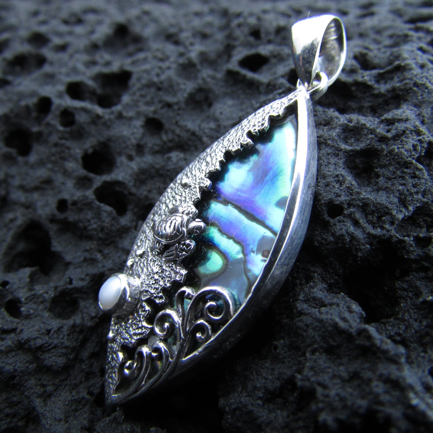 Sea Turtle Wave Necklace Pendant Small | Abalone Paua Shell | Sterling Silver | Pearl | Ocean | Beach | Gift | Jewelry | Handmade | Unique
