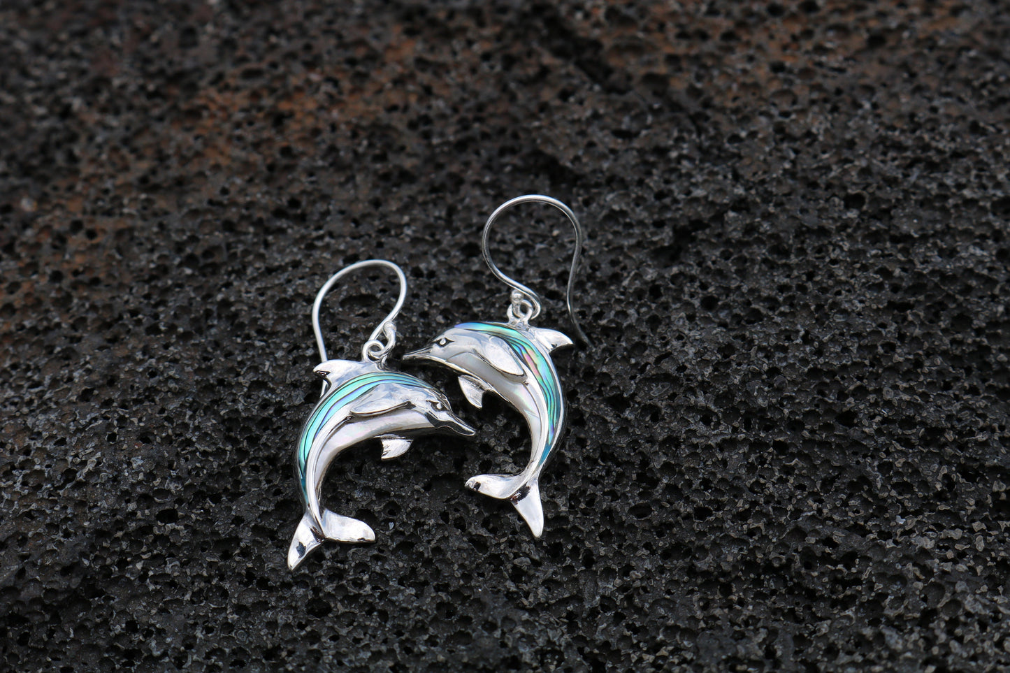 Aumakua Dolphin Earrings. Abalone Paua Shell, Mother of Pearl, Sterling Silver.