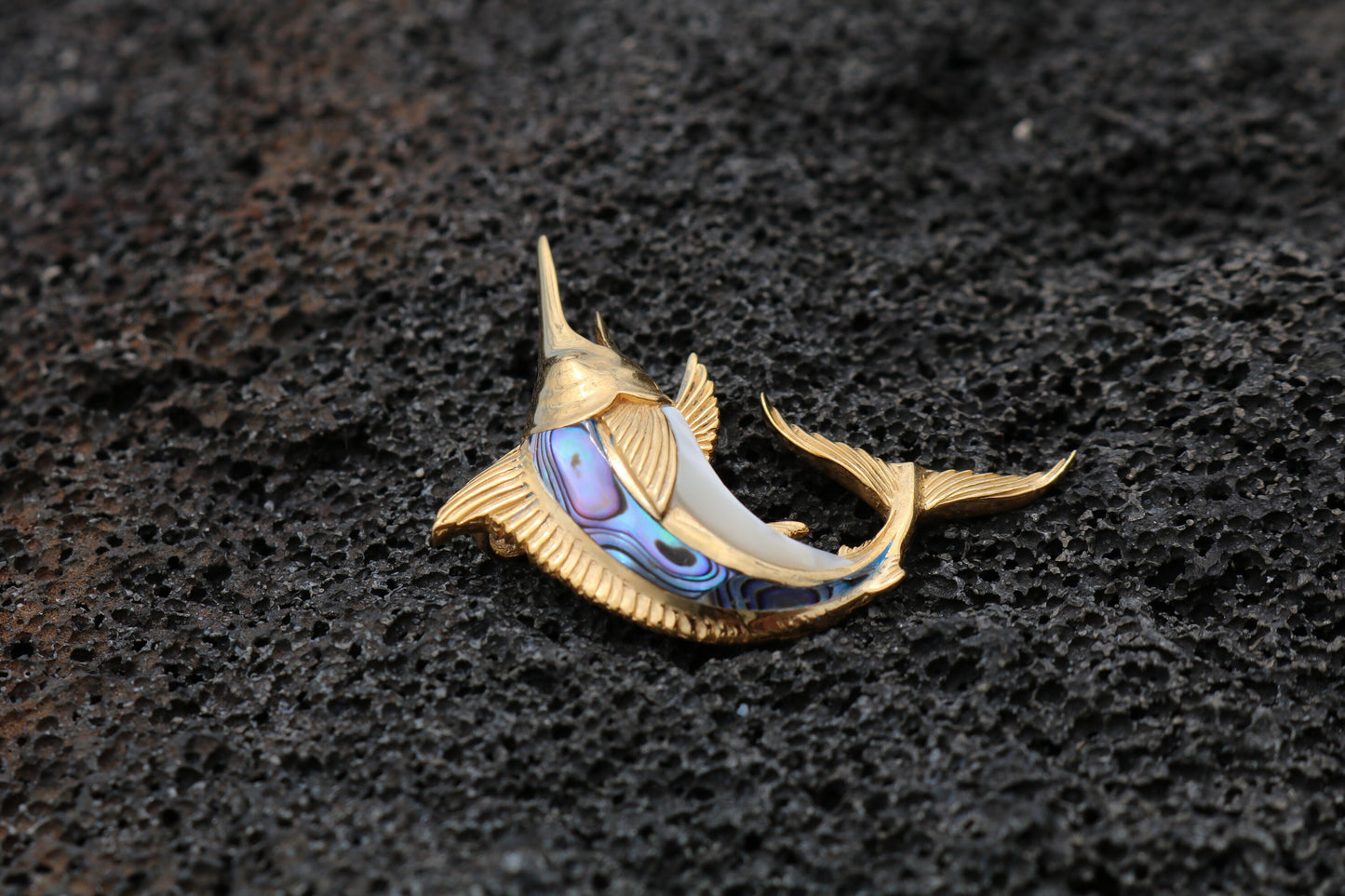 18K Gold Vermeil Aumakua Marlin Fish Necklace Pendant. Abalone Paua Shell, Mother of Pearl. Gift for Real Fisherman. Billfisher Kona.