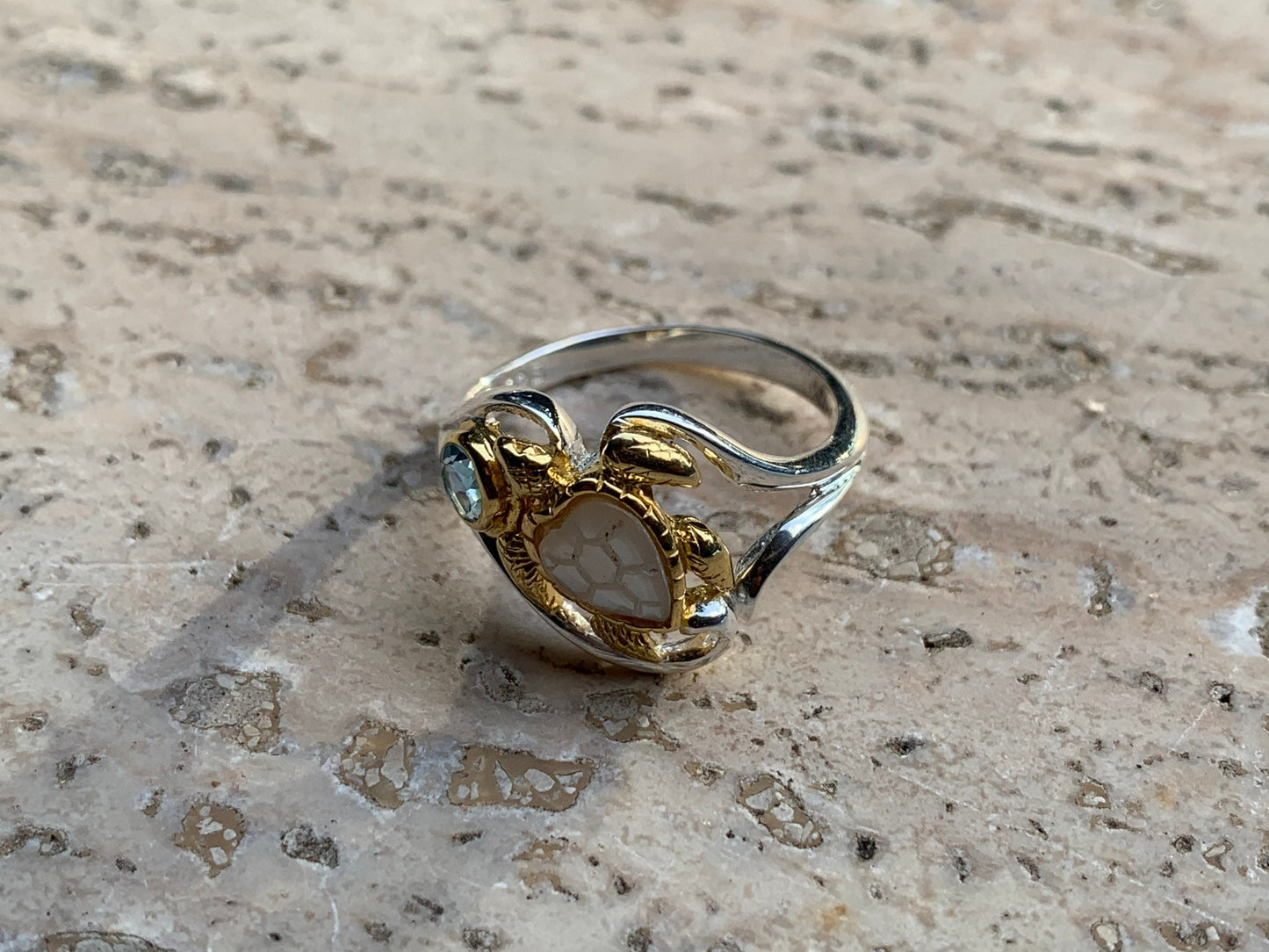 Swiss Topaz Turtle Ring. Mother of Pearl, Silver, Gold.