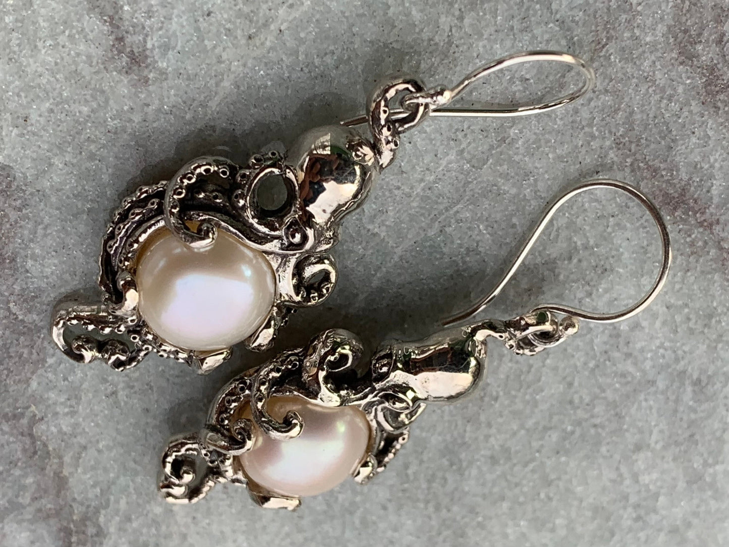 Octopus White Mabe Pearl Silver Earrings