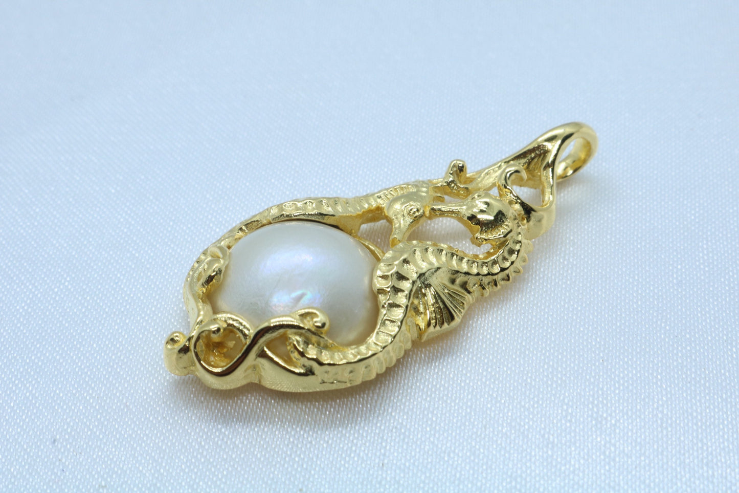 Seahorses 18k Gold Vermeil Mabe White Pearl Pendant Necklace