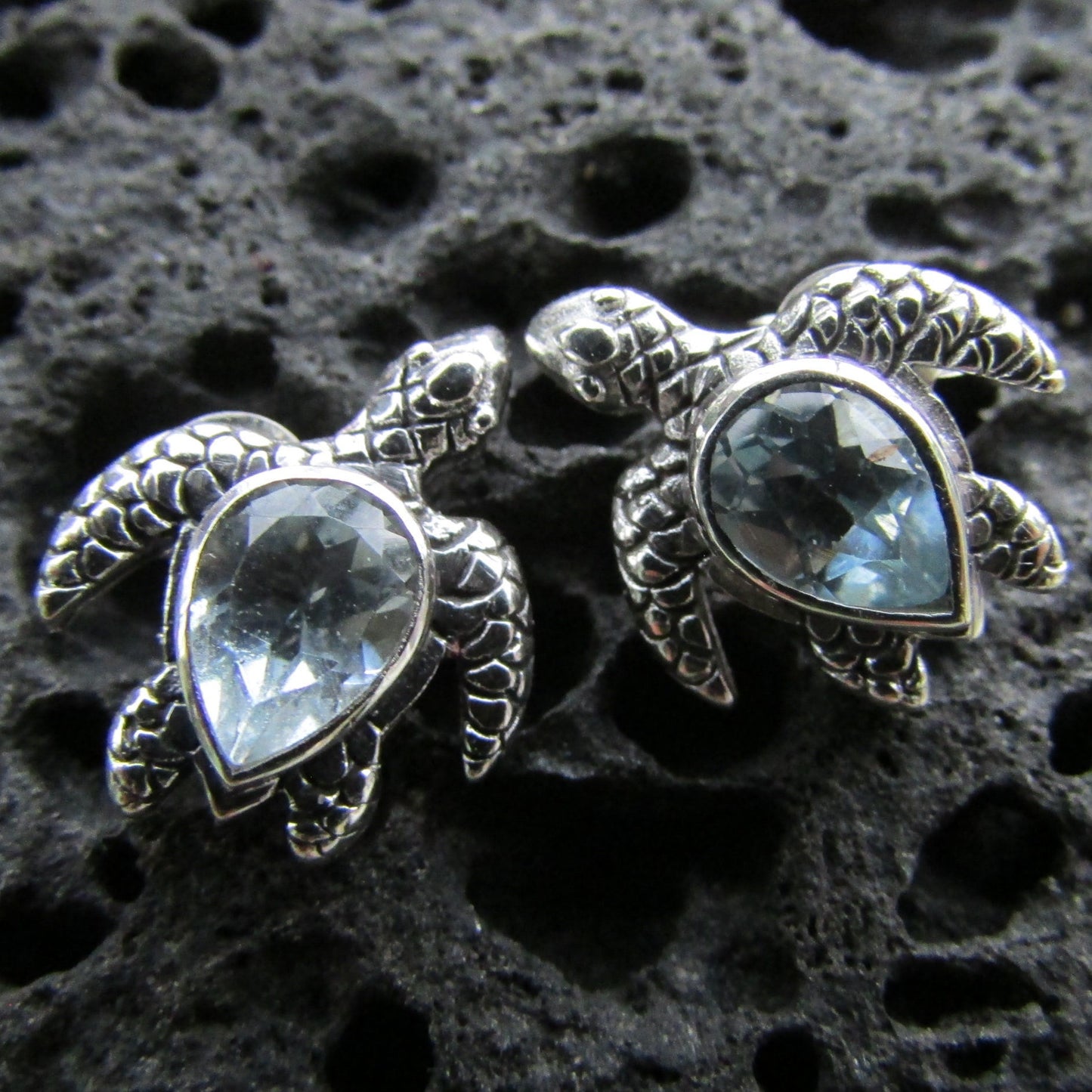 Sea Turtle Stud Earrings | Blue Topaz | Sterling Silver | Ocean | Beach | Gift | Jewelry | Handmade | Unique