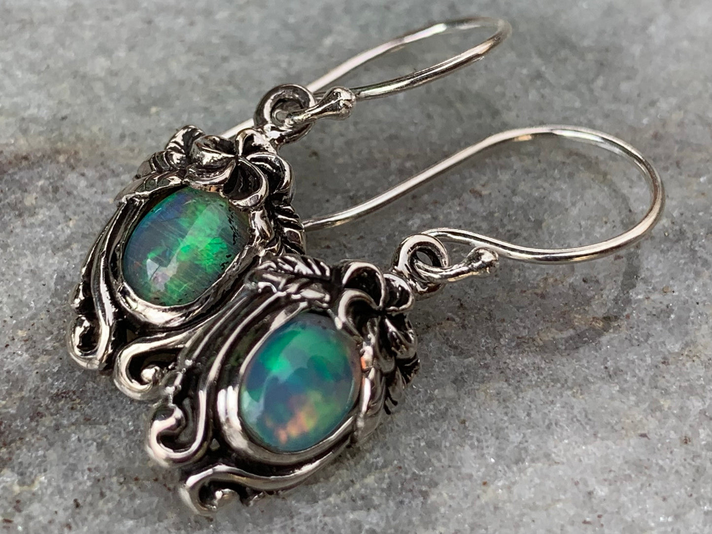 Opal Plumeria Flower Earrings. Sterling Silver.
