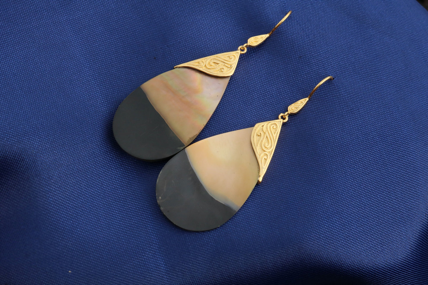 18k Gold Teardrop Black Oyster Shell Earrings Tribal Design. Sterling Silver.