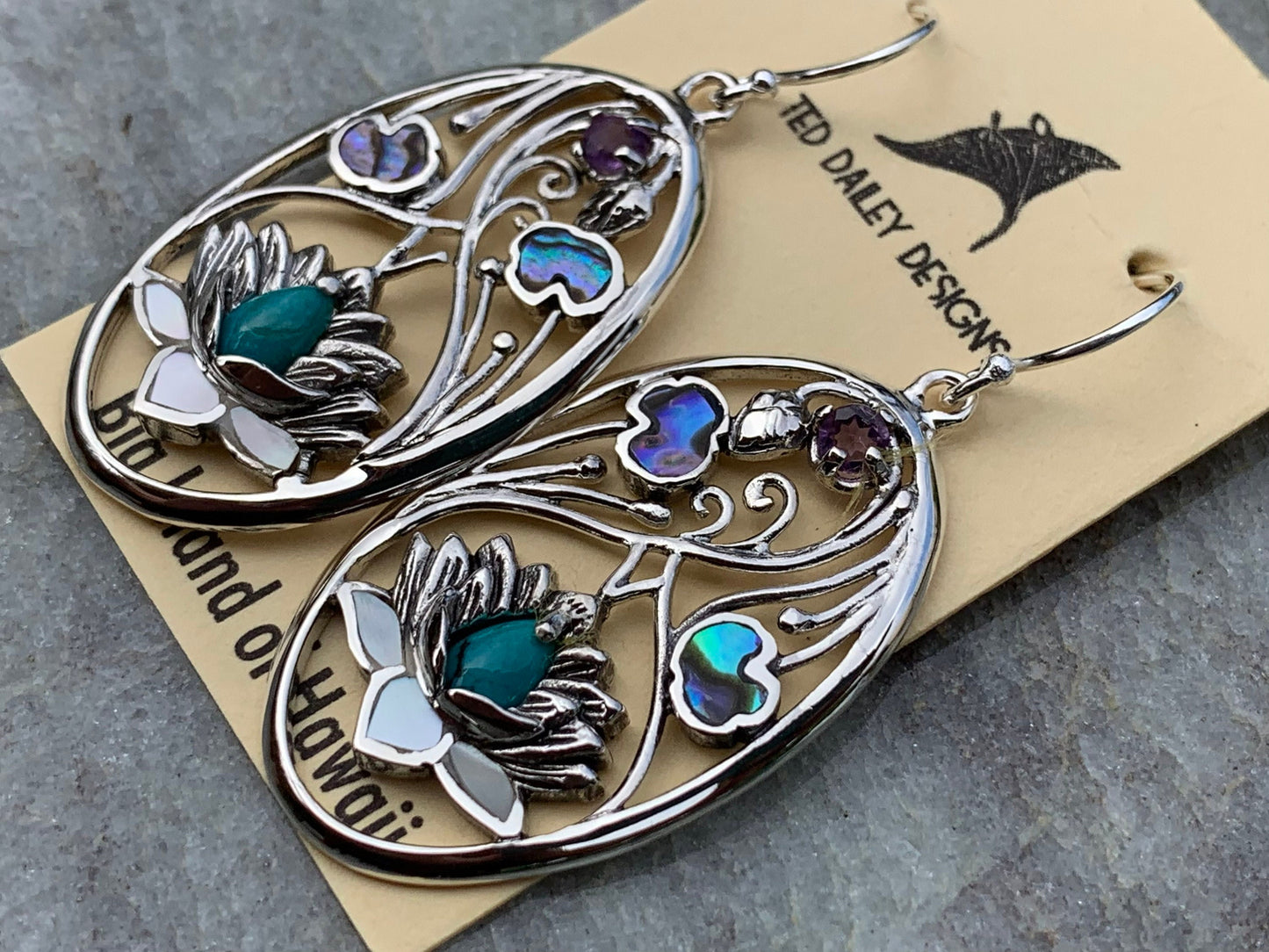 Turquoise Amethyst Lotus Earrings. Sterling Silver. Abalone Shell, Mother of Pearl.