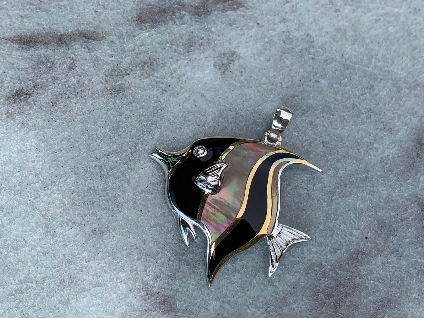 Fish Moorish Idol Hawaiian Tropical Pendant Necklace. Sterling Silver, Mother of Pearl.