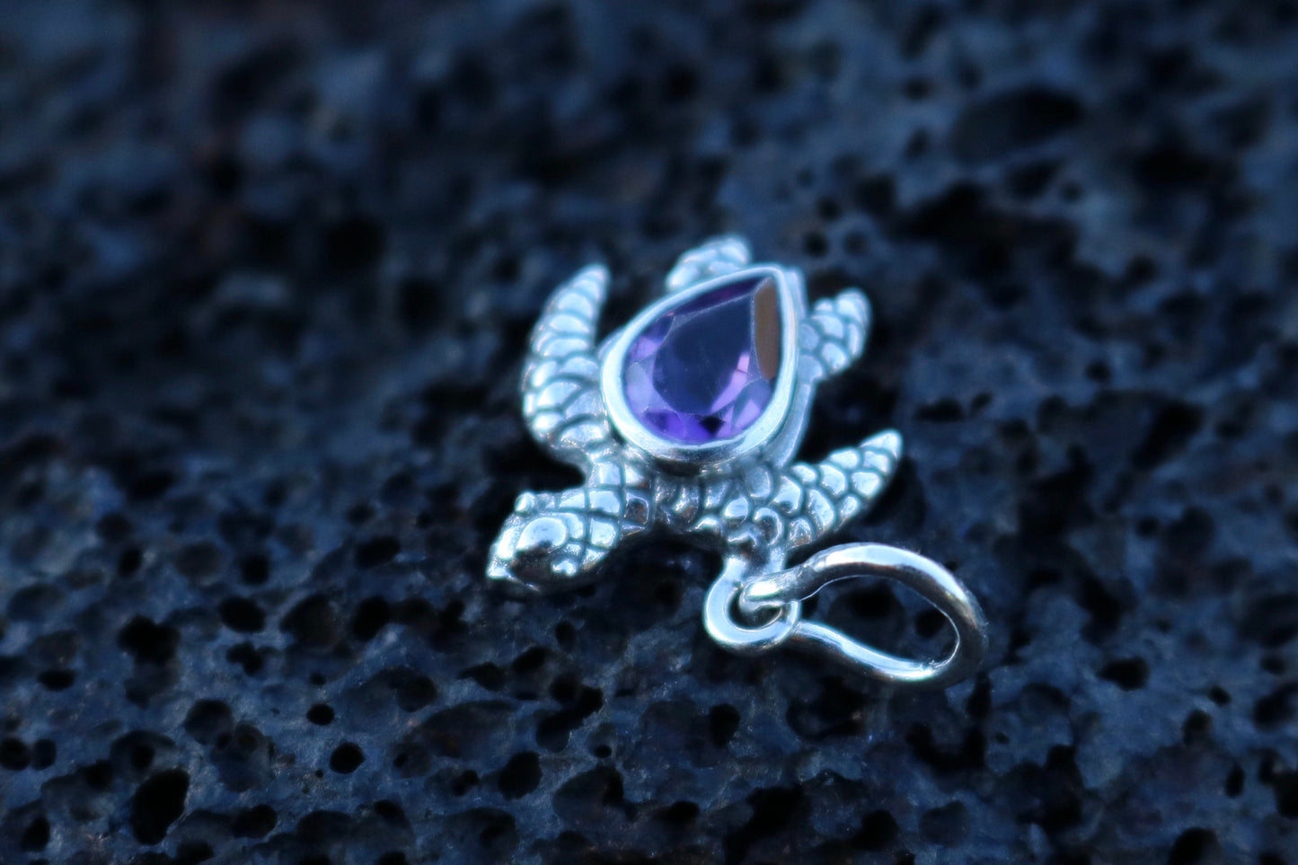 Turtle Charm Amethyst Necklace Pendant. Sterling Silver.
