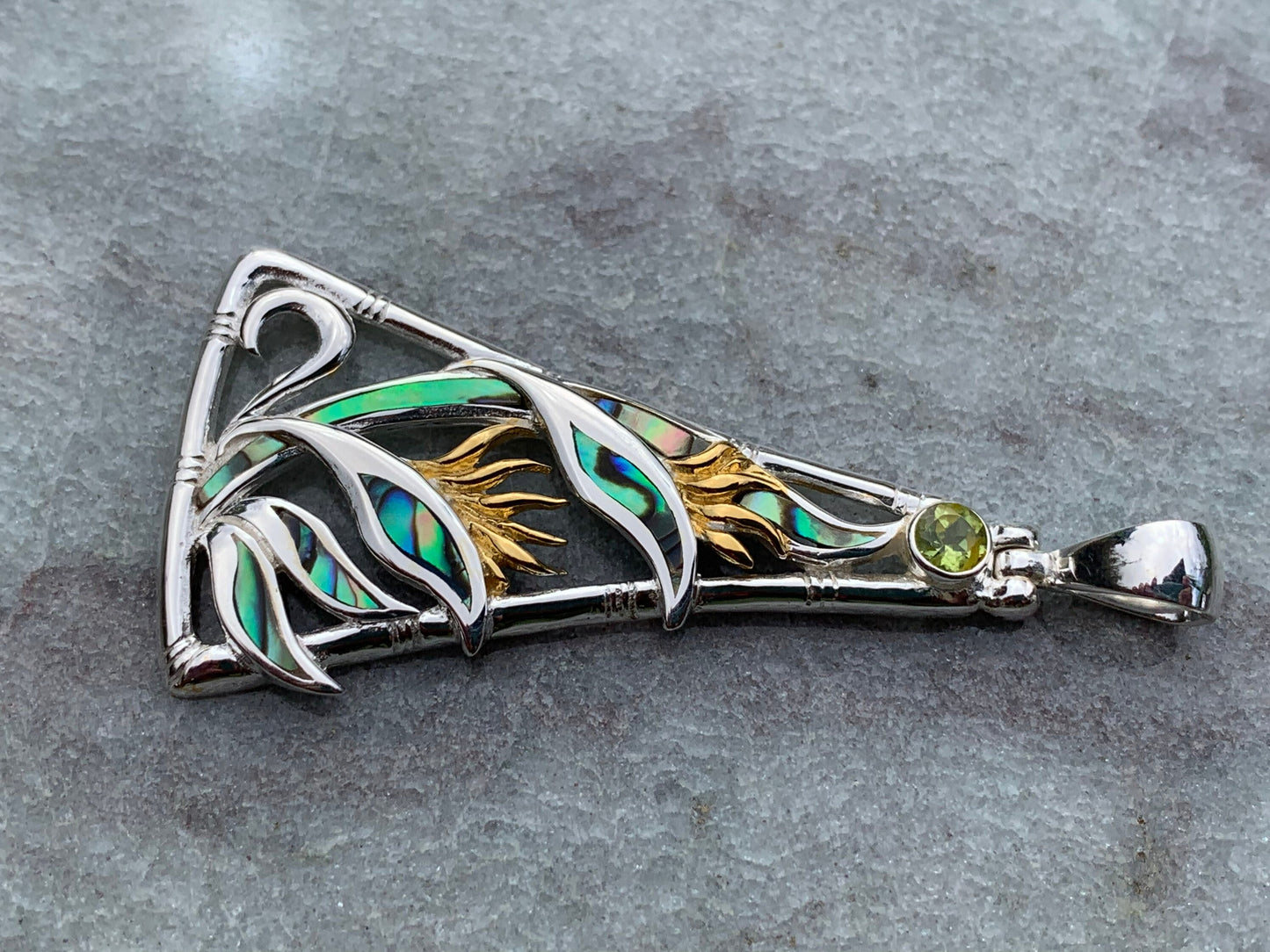 Bird of Paradise Flower Peridot Silver Gold Shell Necklace Pendant