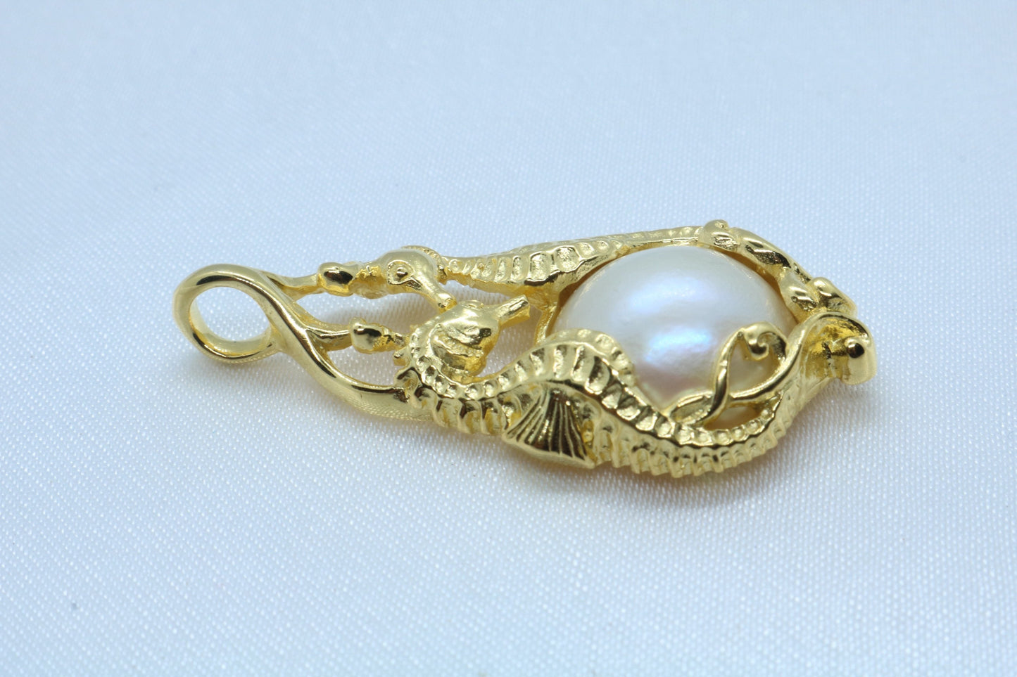 Seahorses 18k Gold Vermeil Mabe White Pearl Pendant Necklace