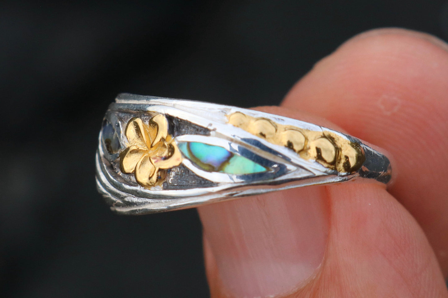18K Gold Vermeil Plumeria Ring. Sterling Silver, Abalone Shell.