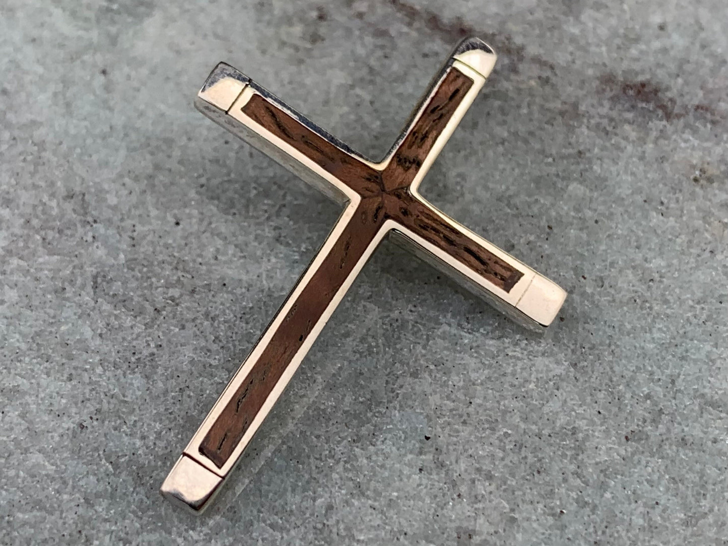 Cross Necklace Pendant. Sterling Silver, Hawaiian Koa Wood.