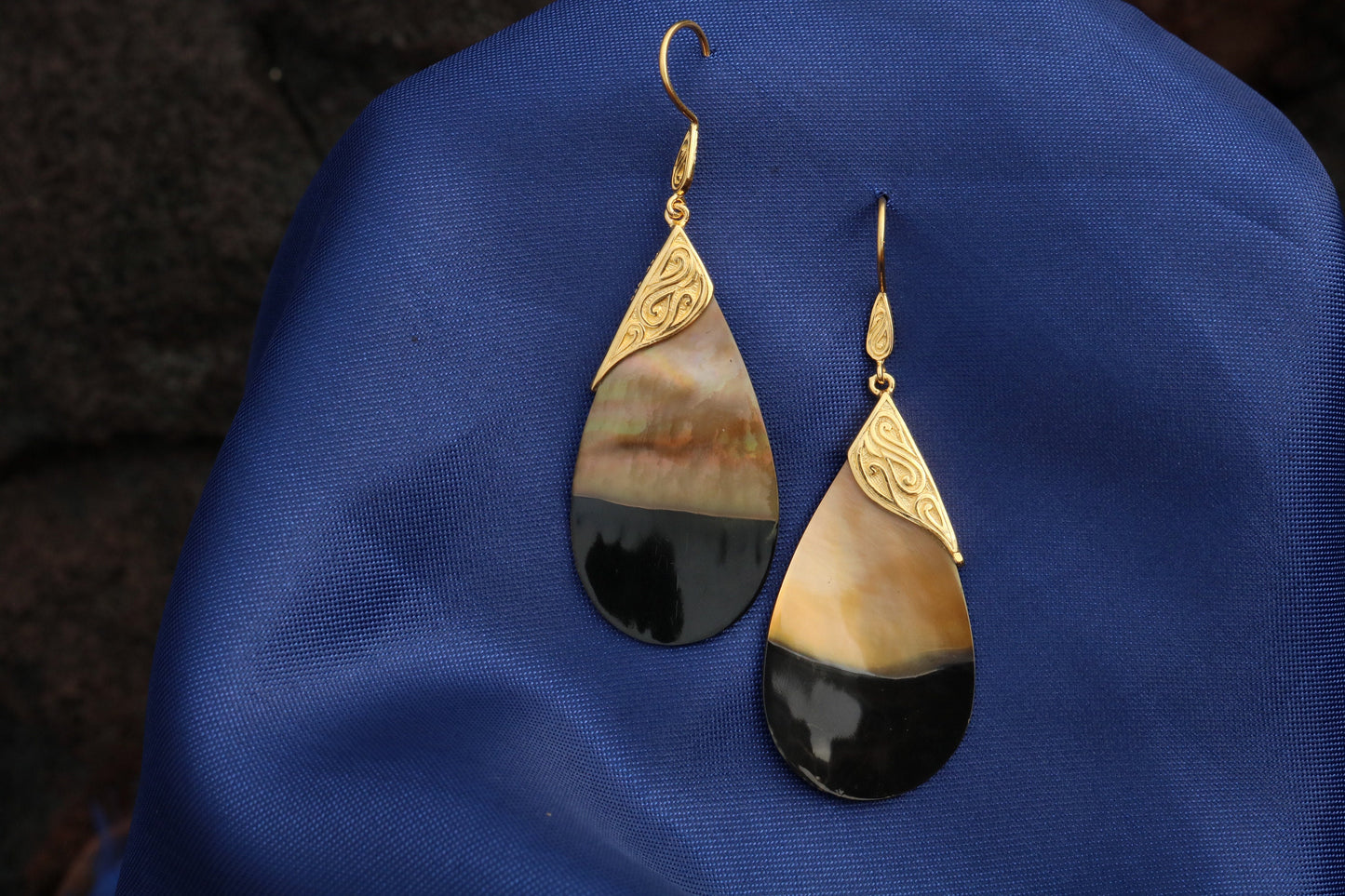 18k Gold Teardrop Black Oyster Shell Earrings Tribal Design. Sterling Silver.