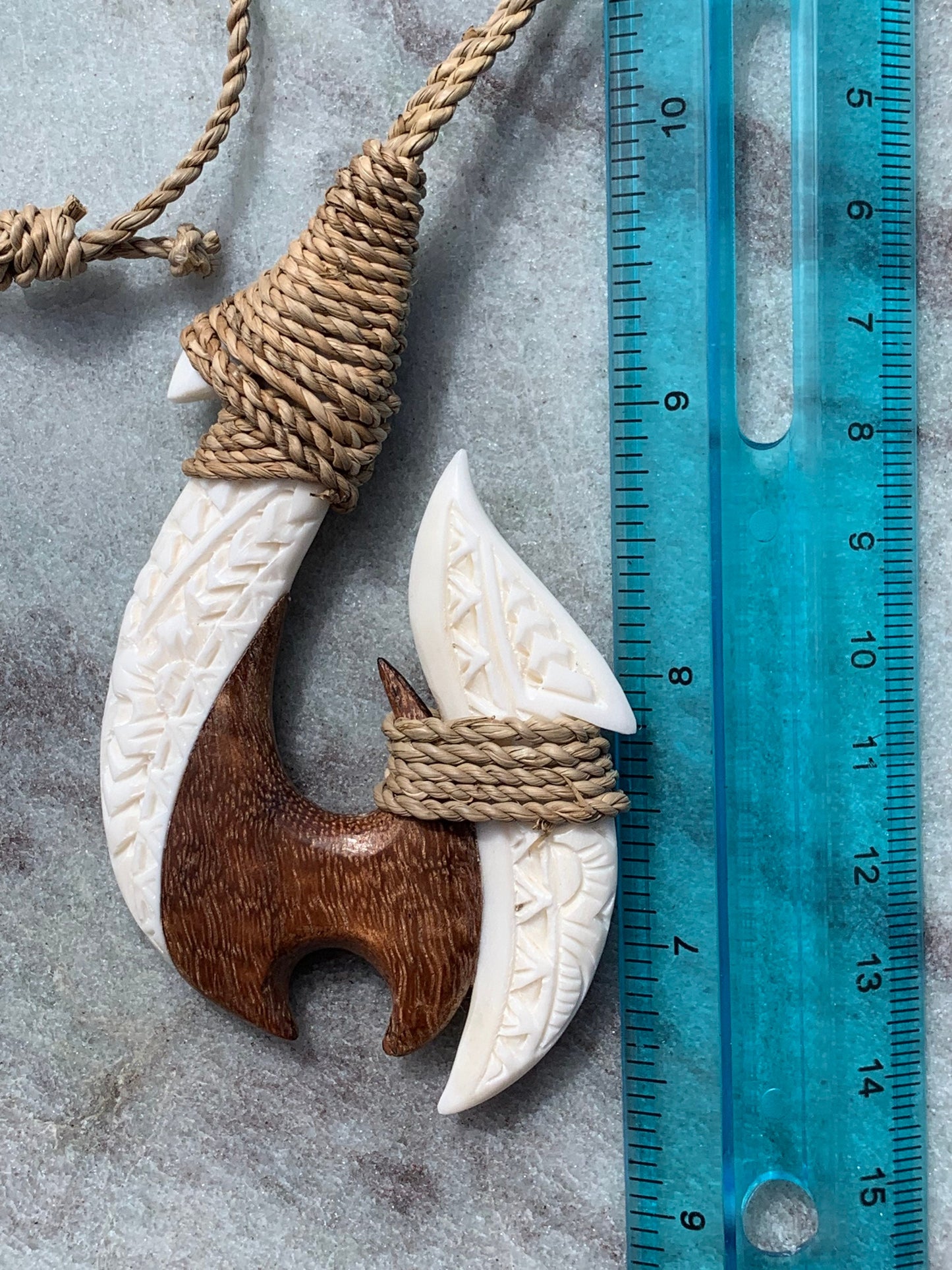 Hawaiian Maui Makau Traditional Native Fish Hook Necklace Pendant. Wood and bone carved.