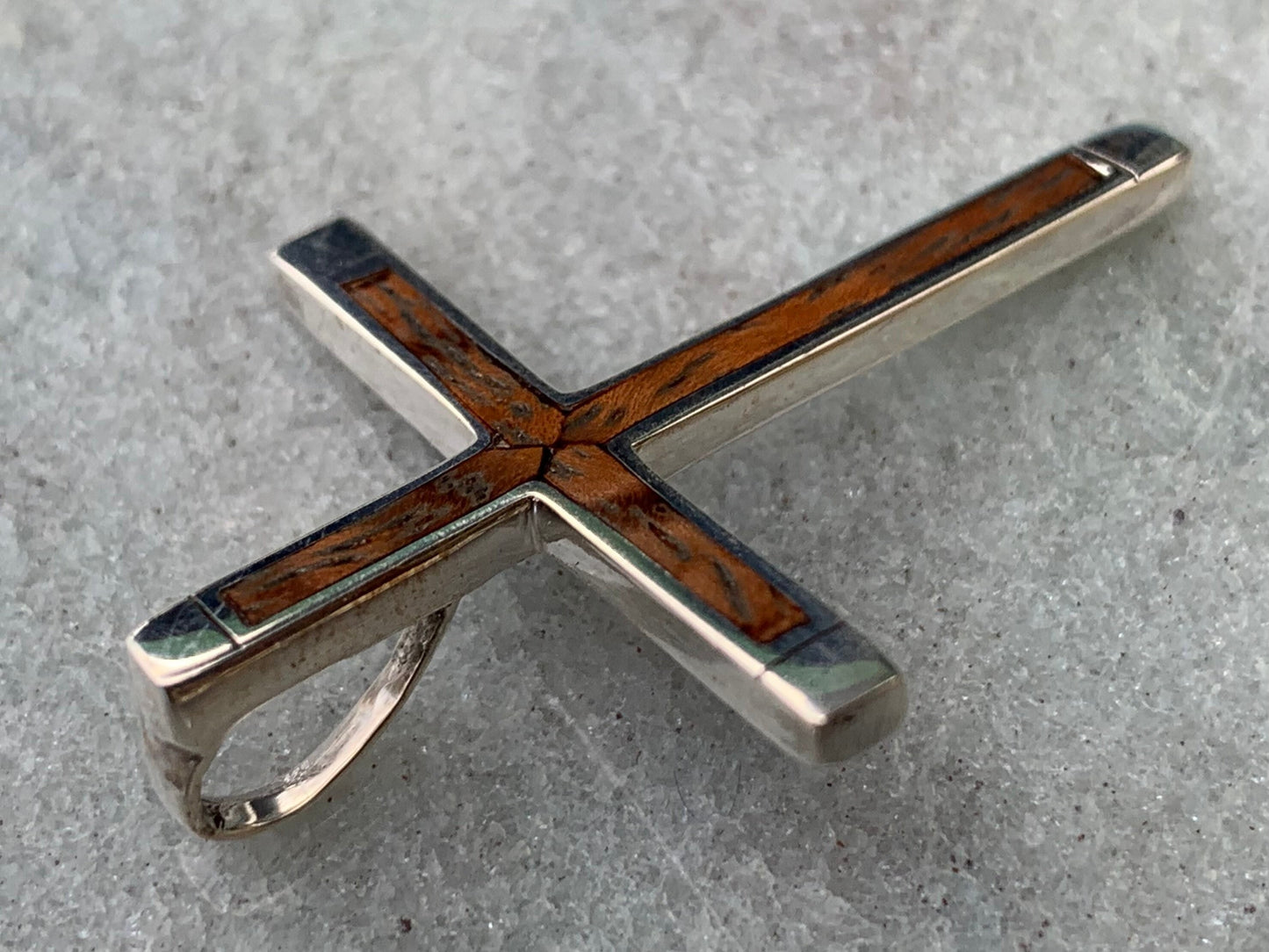 Cross Necklace Pendant. Sterling Silver, Hawaiian Koa Wood.