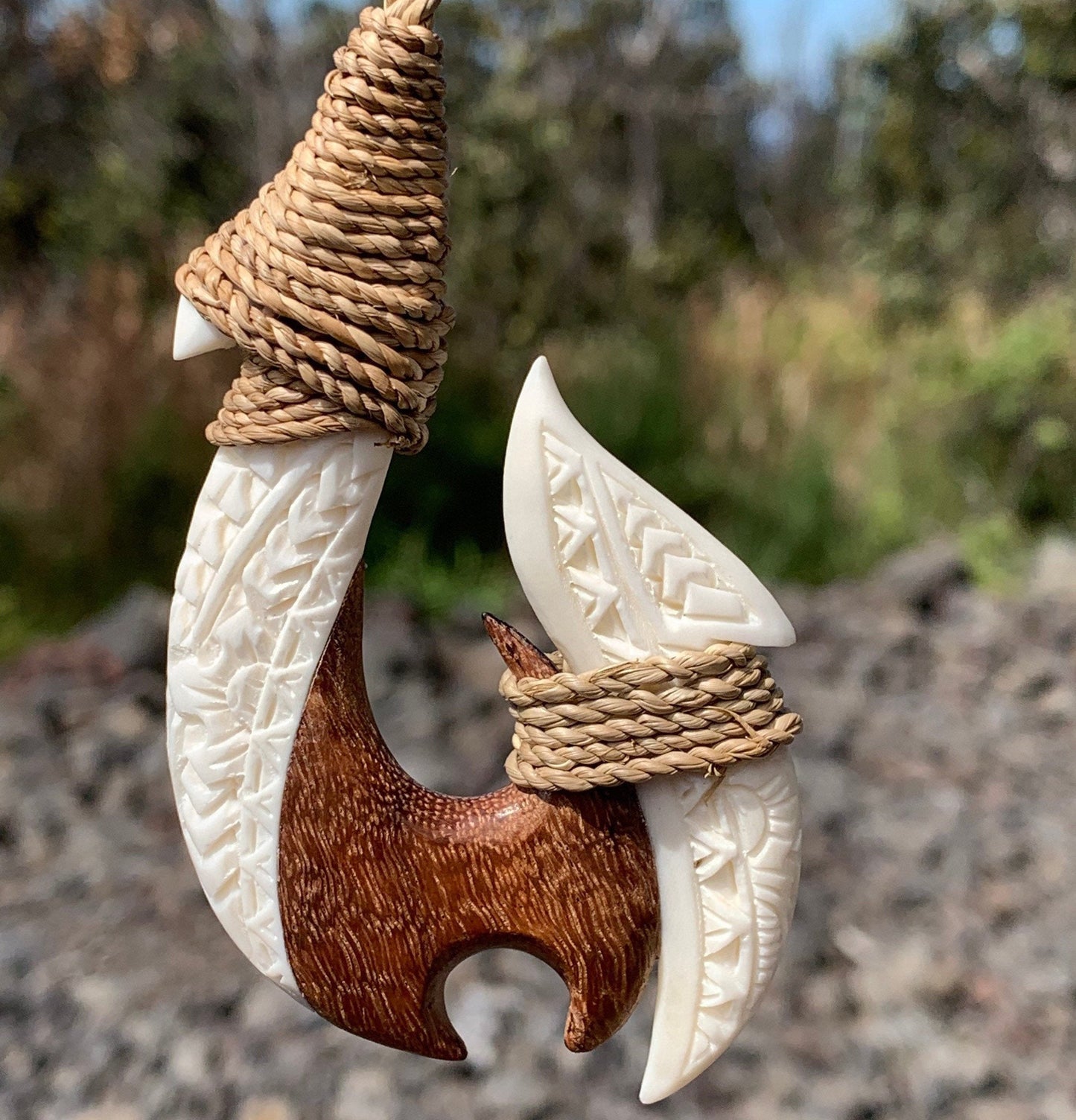 Hawaiian Maui Makau Traditional Native Fish Hook Necklace Pendant. Wood and bone carved.