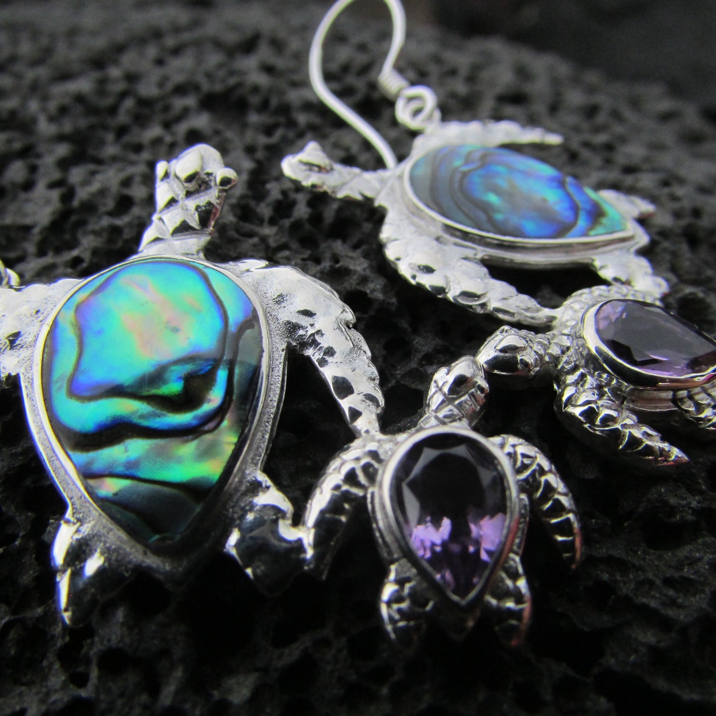 Sea Turtle Couple Earrings | Abalone Paua Shell | Amethyst | Beach | Gift | Jewelry | Handmade | Unique