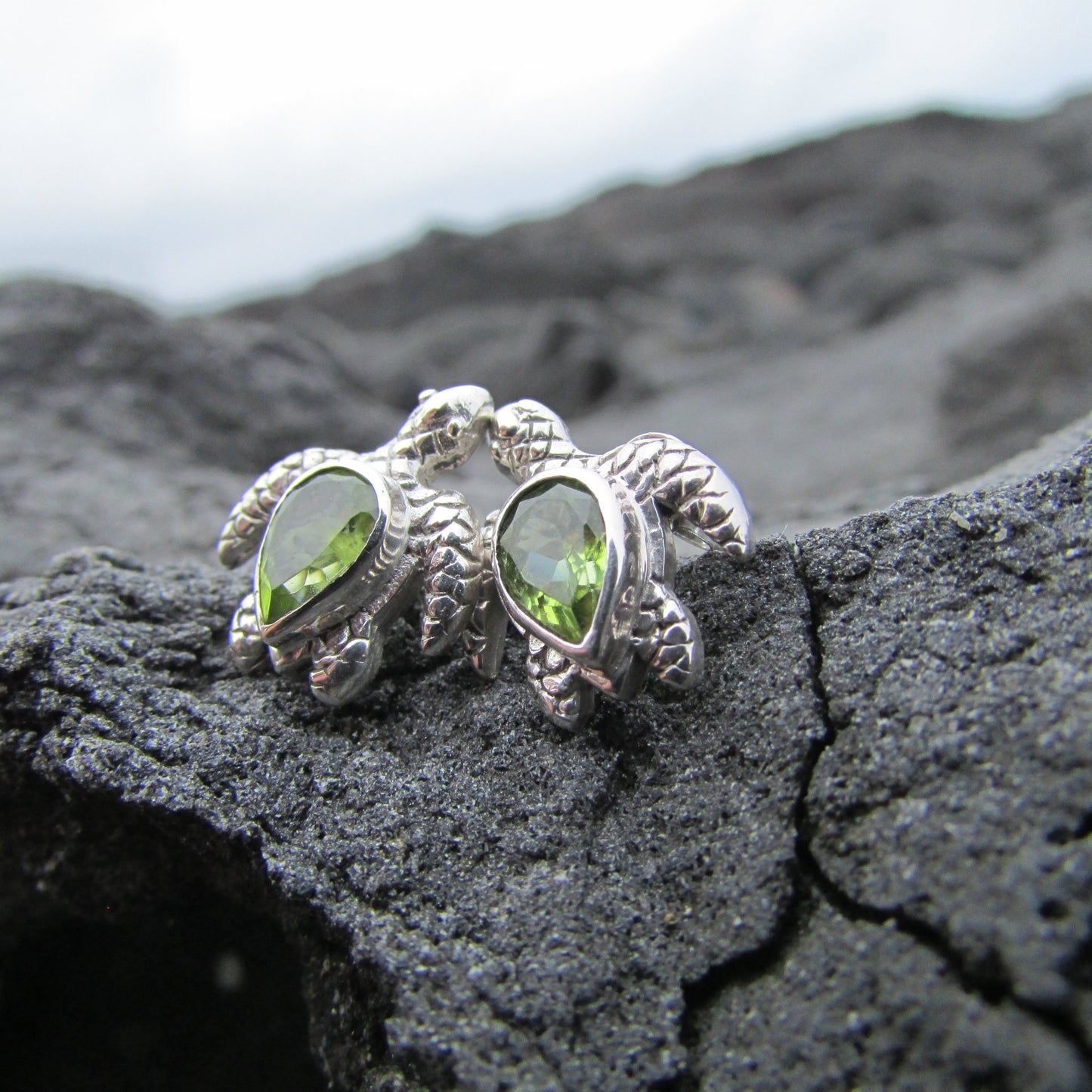 Sea Turtle Stud Earrings | Sterling Silver | Peridot | Ocean | Beach | Gift | Jewelry | Handmade | Unique
