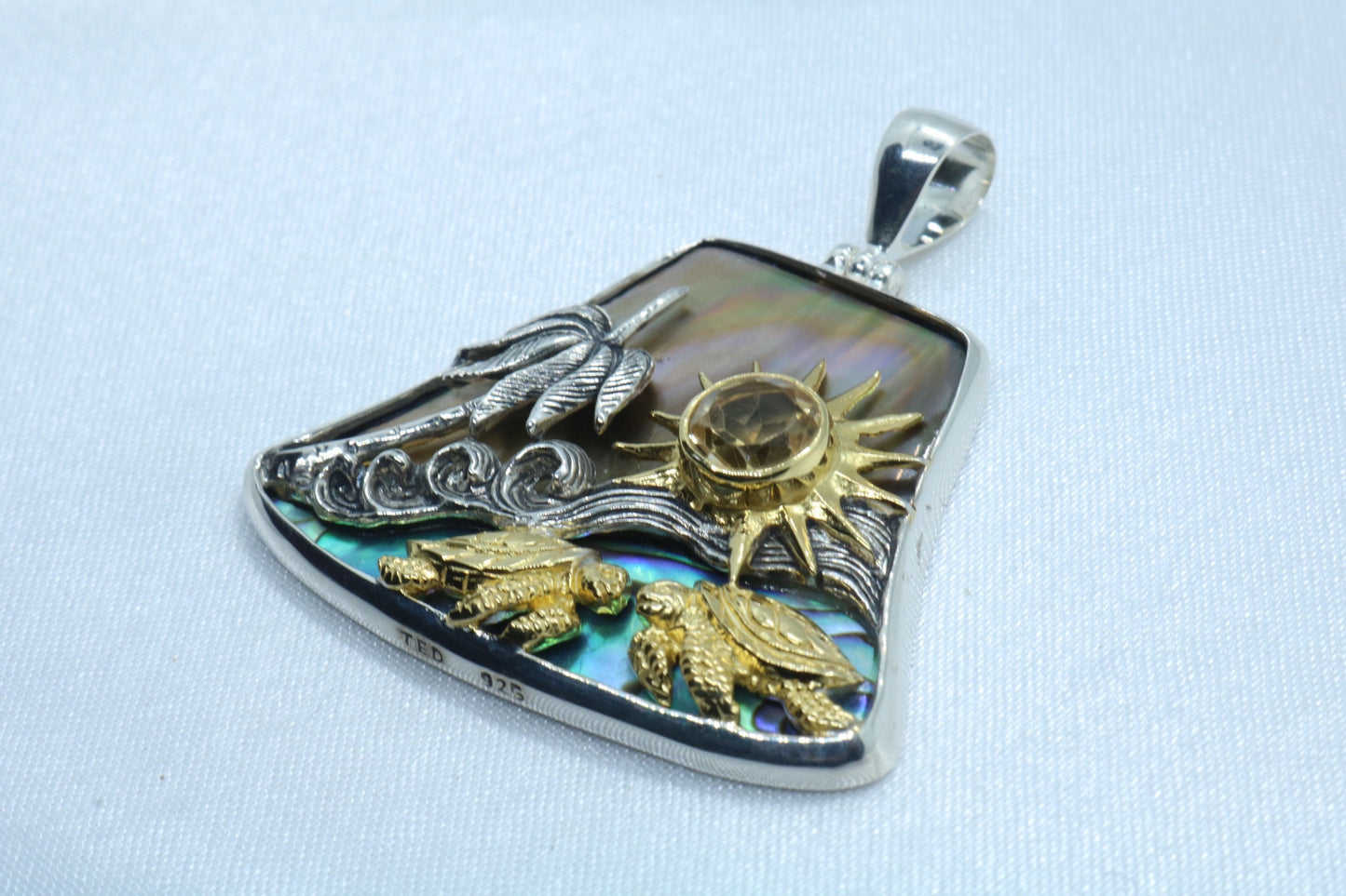 Sun Wave Beach Palm Tree Turtle Play Necklace Pendant. Silver, Gold, Abalone Shell, Citrine.