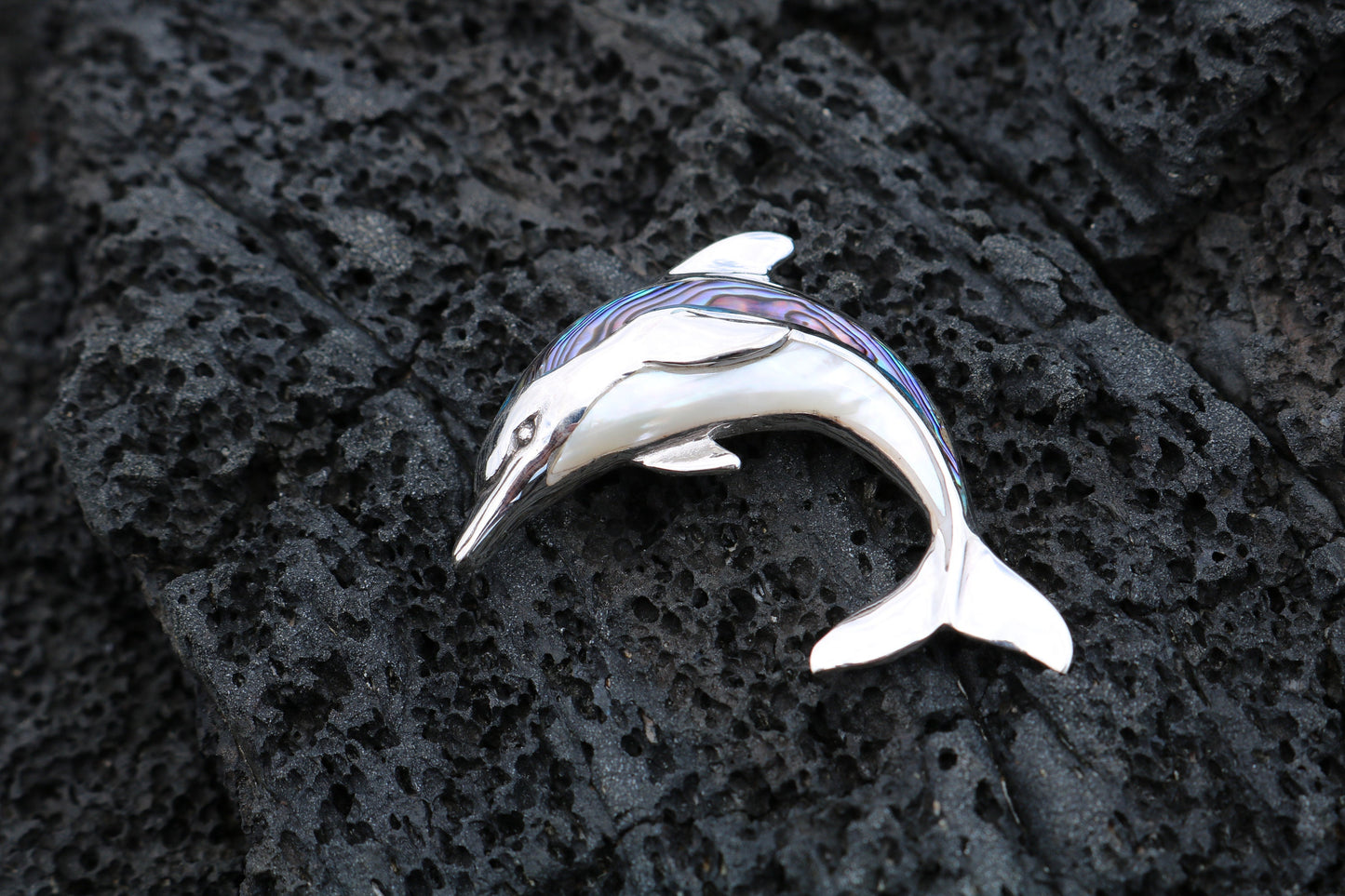 Aumakua Dolphin Necklace Pendant. Abalone Paua Shell, Mother of Pearl, Sterling Silver.