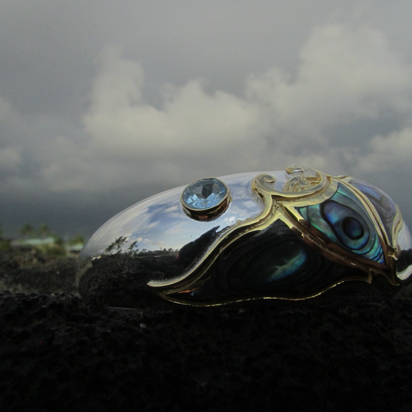Manta Ray Cuff Bracelet. Sterling Silver, 18K Gold Vermeil Plated, Blue Topaz