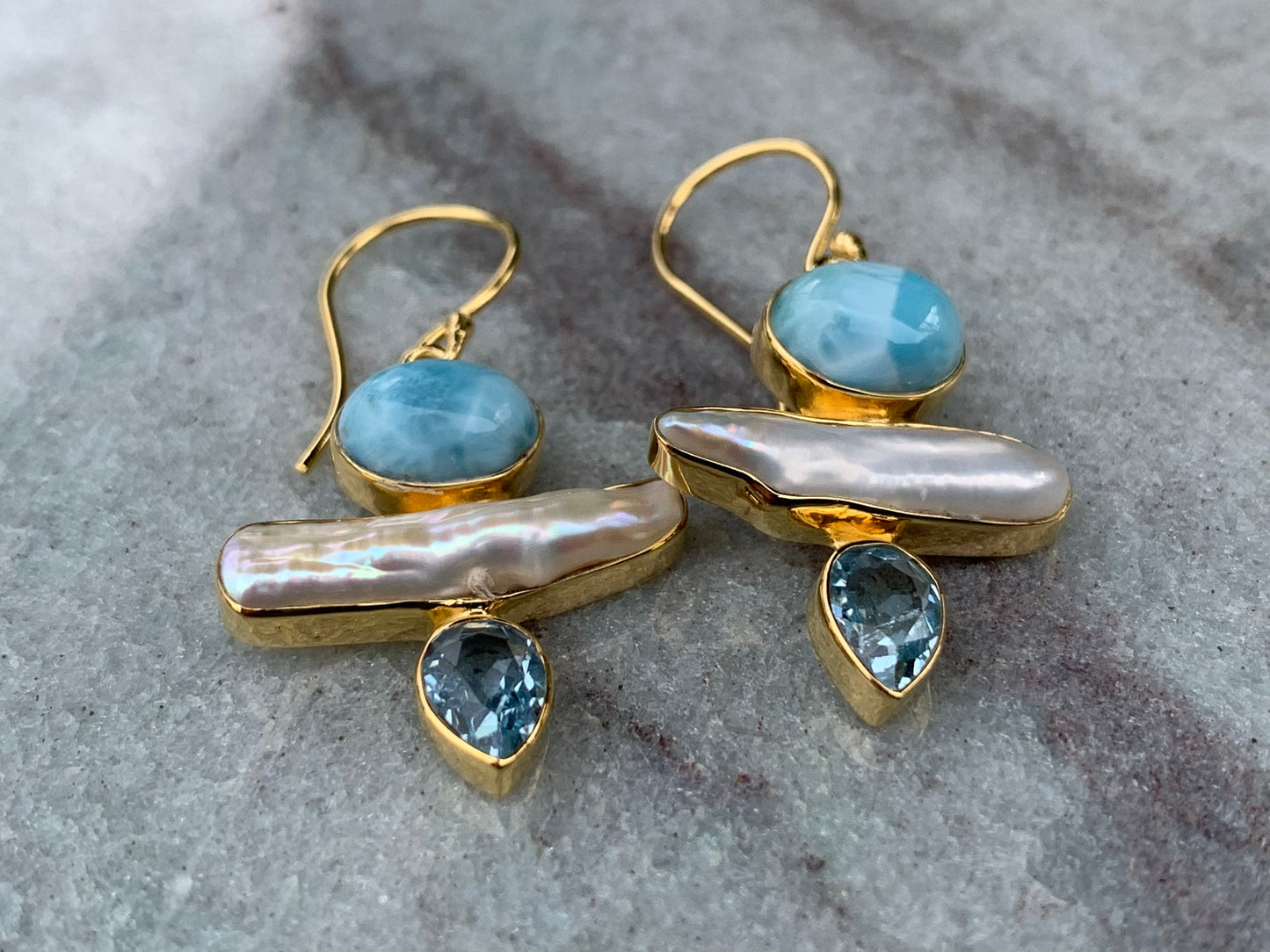 Larimar, Pearl, Blue Topaz 18k Gold Vermeil Earrings.