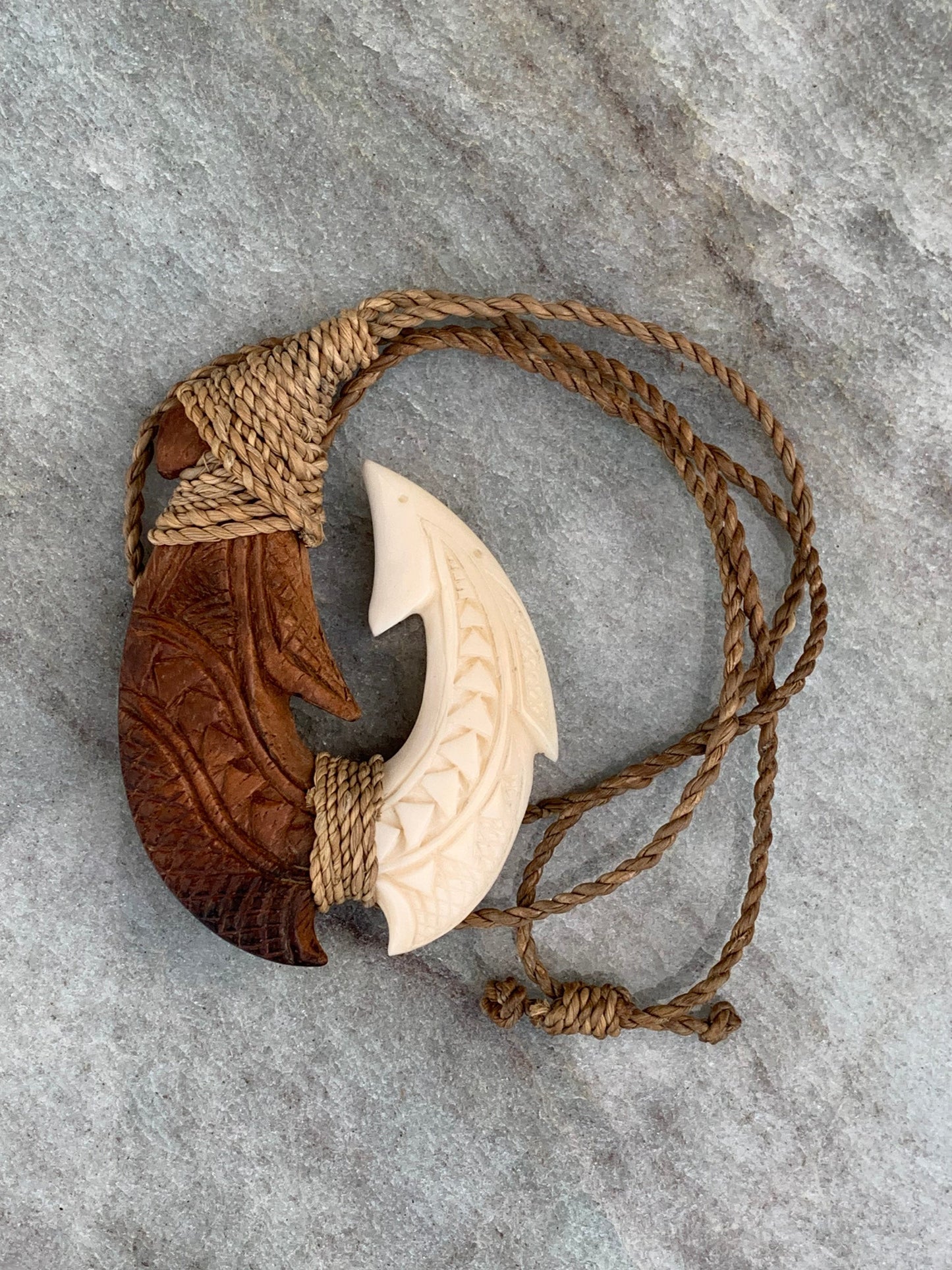 Hawaiian Makau Polynesian Matau Maui Carved Fish Hook Necklace. Bone, Wood.